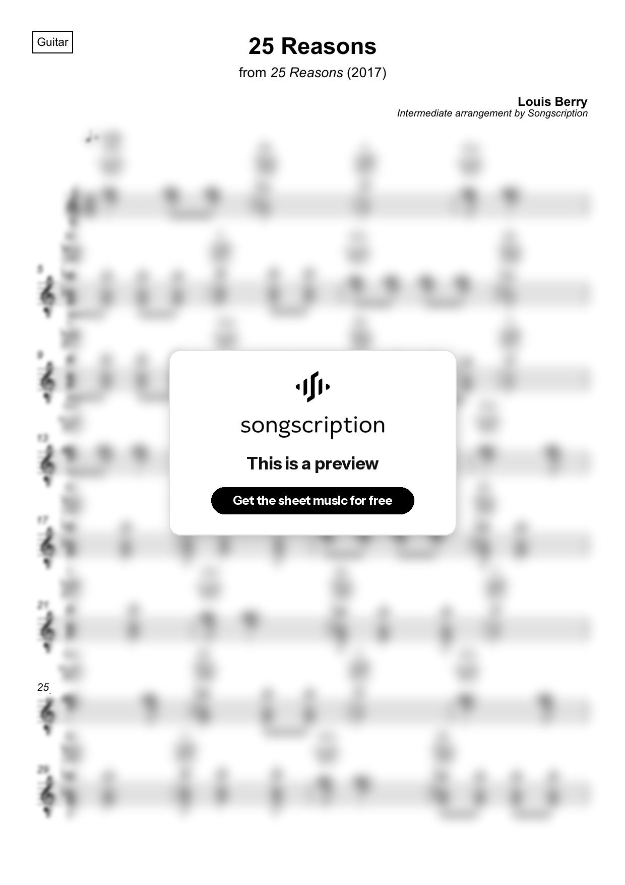 Intermediate Acoustic Guitar Sheet Music for "25 Reasons" by Louis Berry