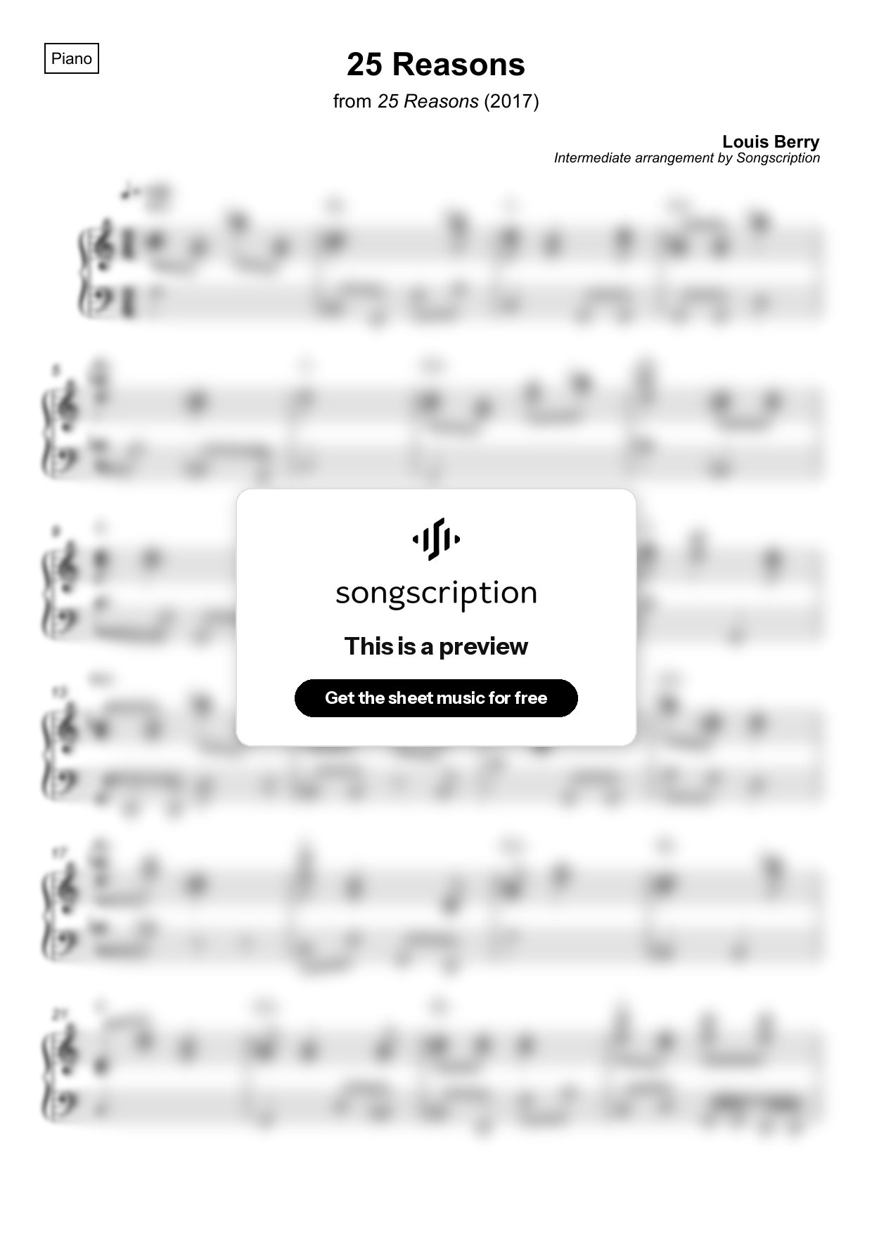 Intermediate Piano Sheet Music for "25 Reasons" by Louis Berry