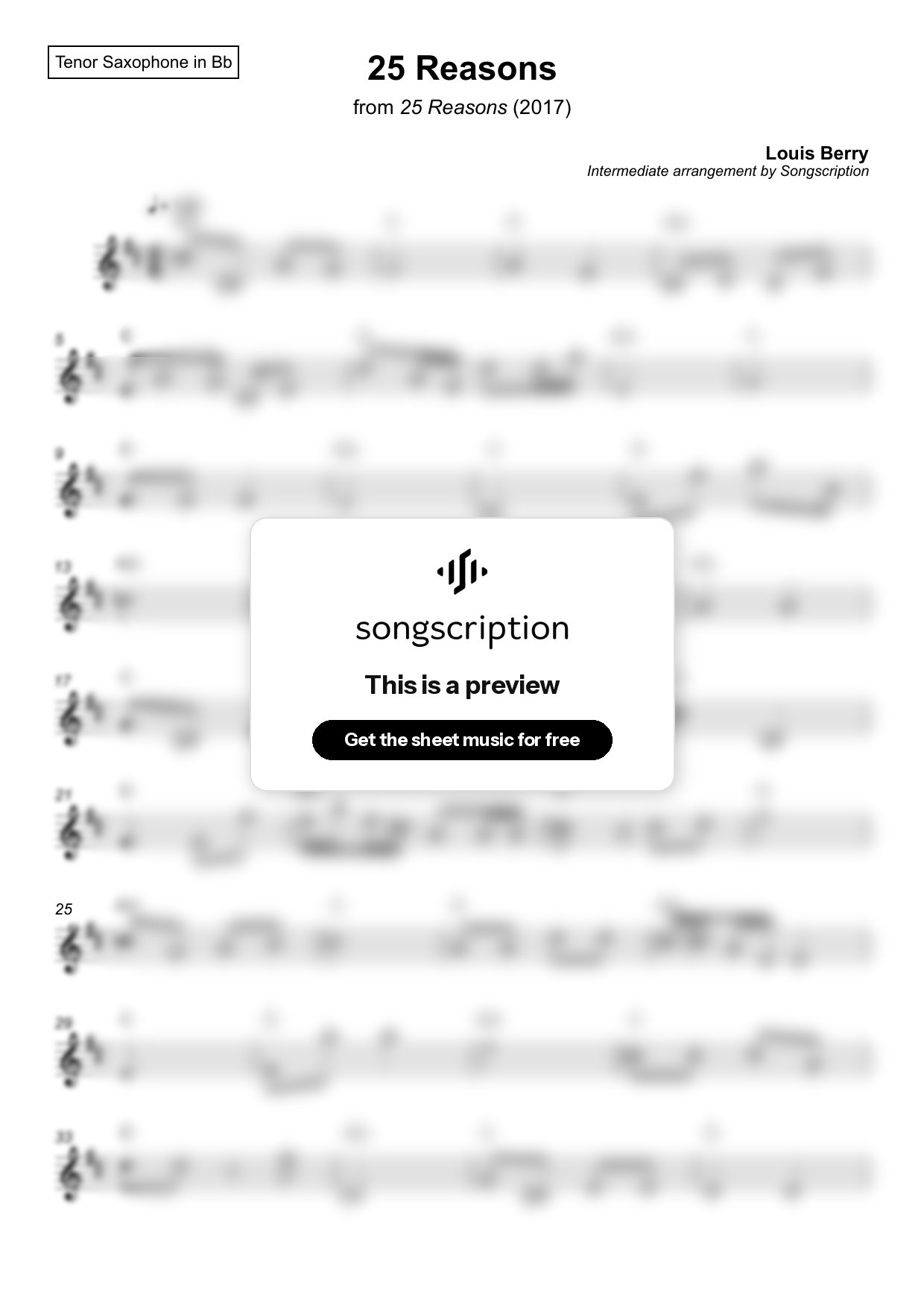 Intermediate Tenor Sax Sheet Music for "25 Reasons" by Louis Berry