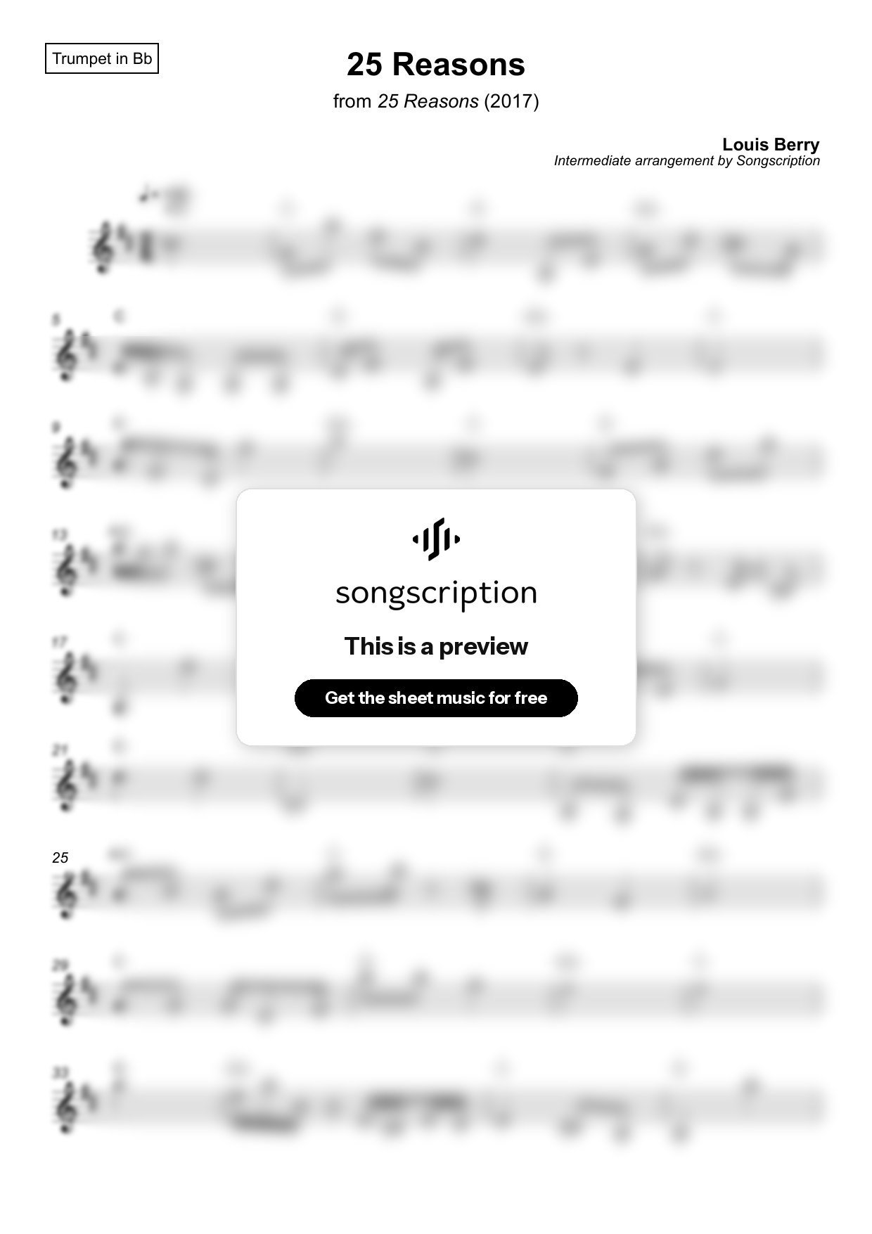 Intermediate Trumpet Sheet Music for "25 Reasons" by Louis Berry