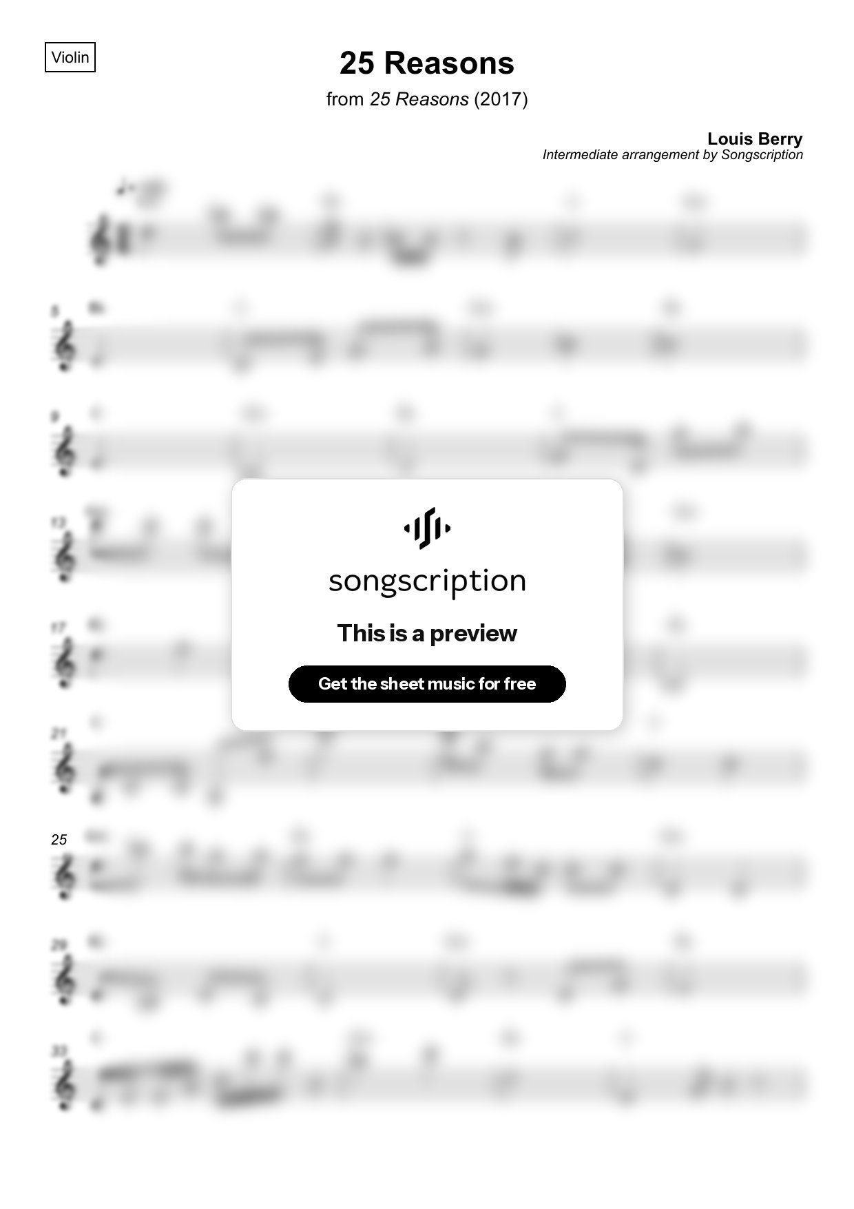 Intermediate Violin Sheet Music for "25 Reasons" by Louis Berry