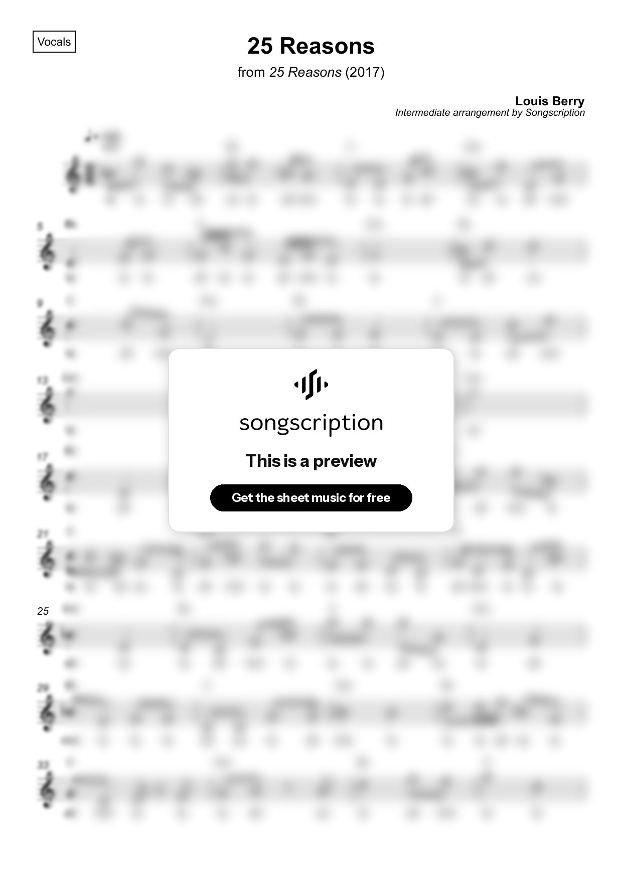 Intermediate Vocals Sheet Music for "25 Reasons" by Louis Berry