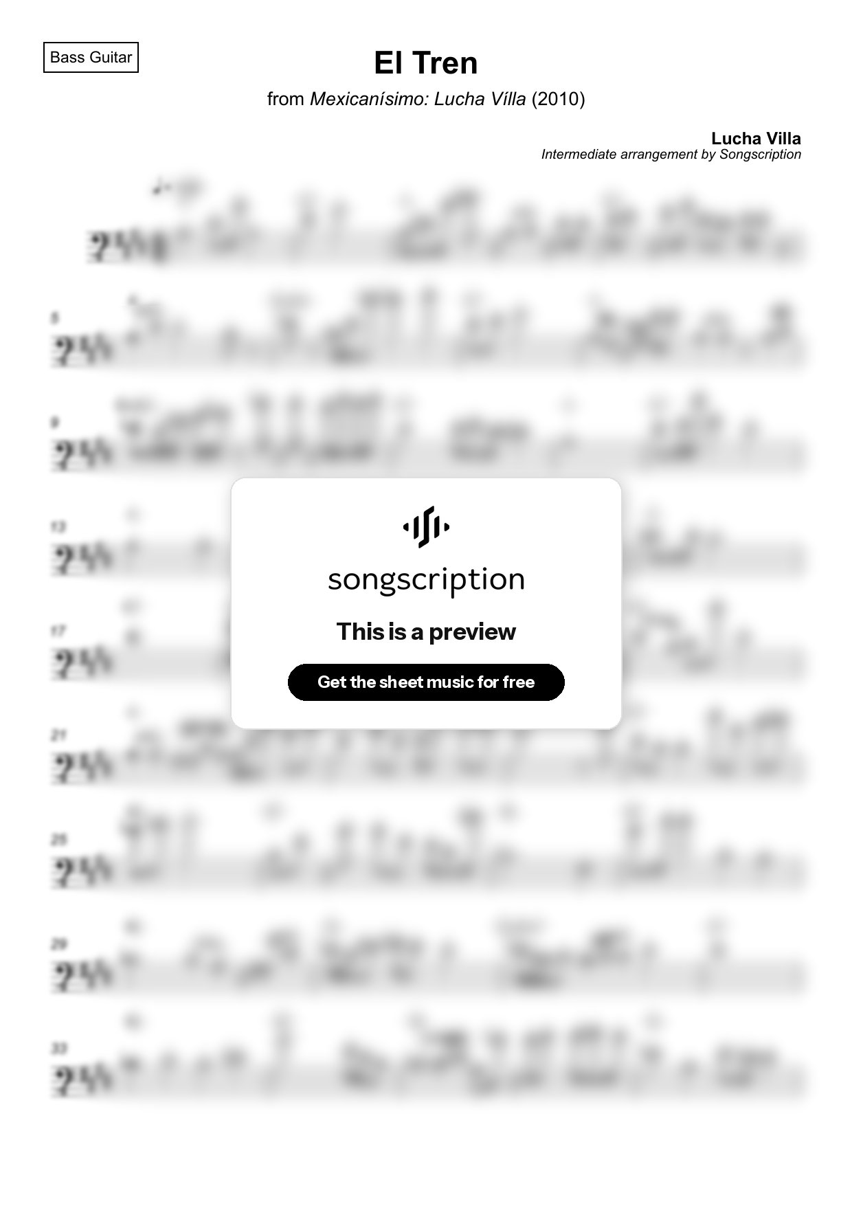 Intermediate Bass Guitar Sheet Music for "El Tren" by Lucha Villa