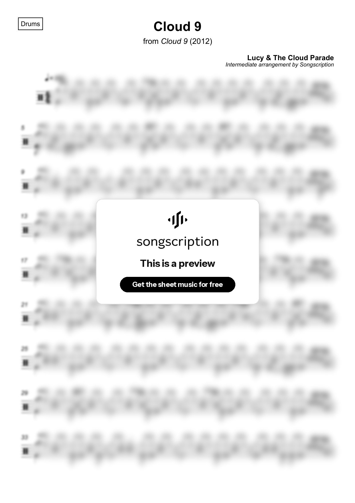 Intermediate Drums Sheet Music for "Cloud 9" by Lucy & The Cloud Parade