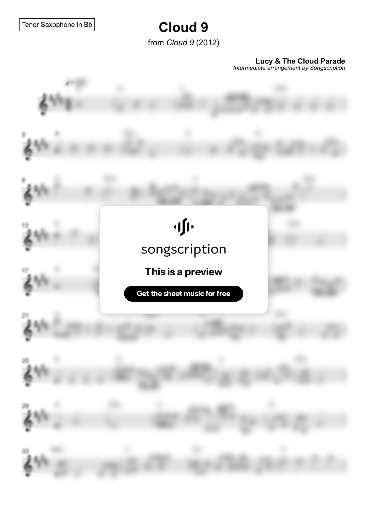 Intermediate Tenor Sax Sheet Music for "Cloud 9" by Lucy & The Cloud Parade