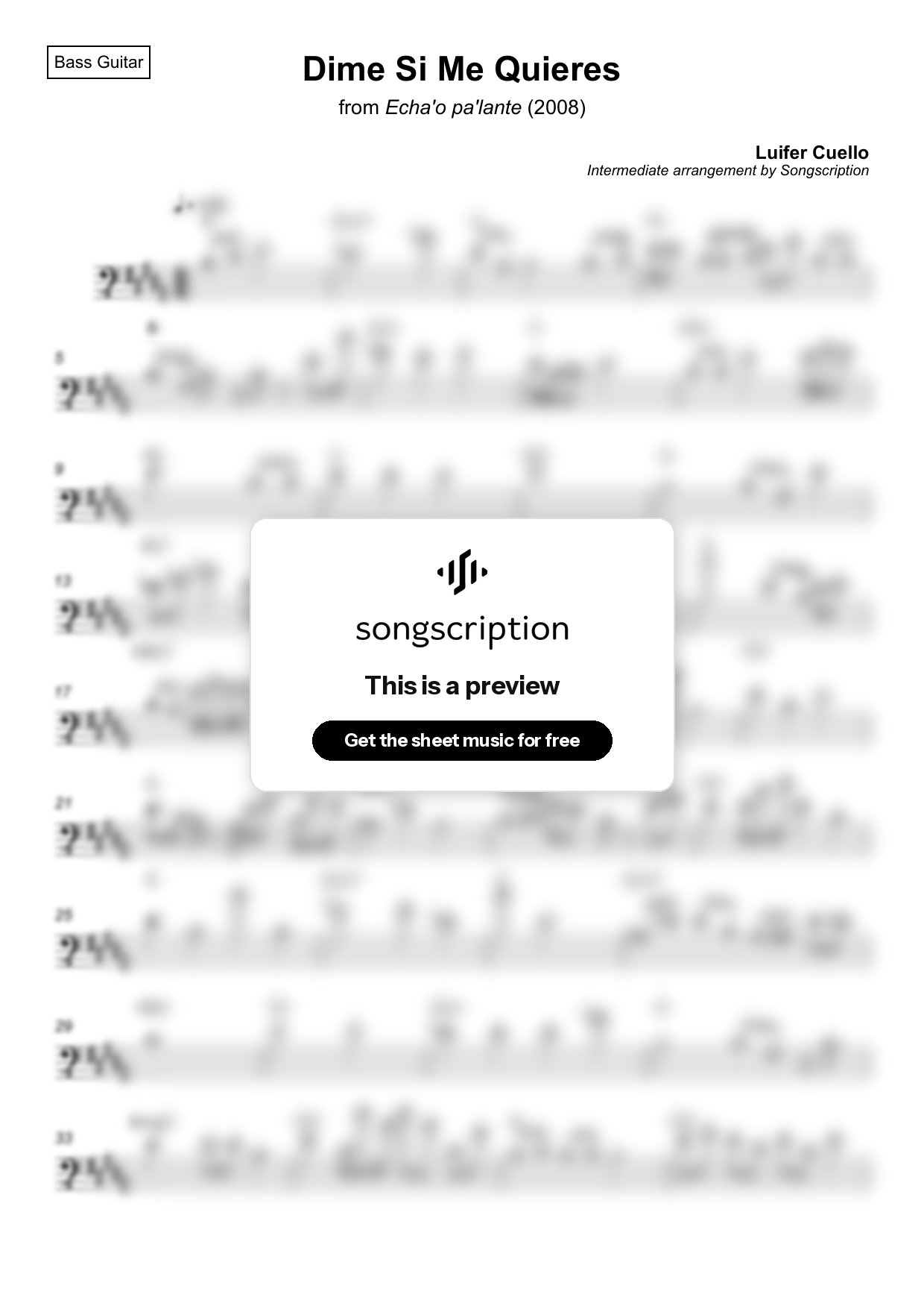 Intermediate Bass Guitar Sheet Music for "Dime Si Me Quieres" by Luifer Cuello