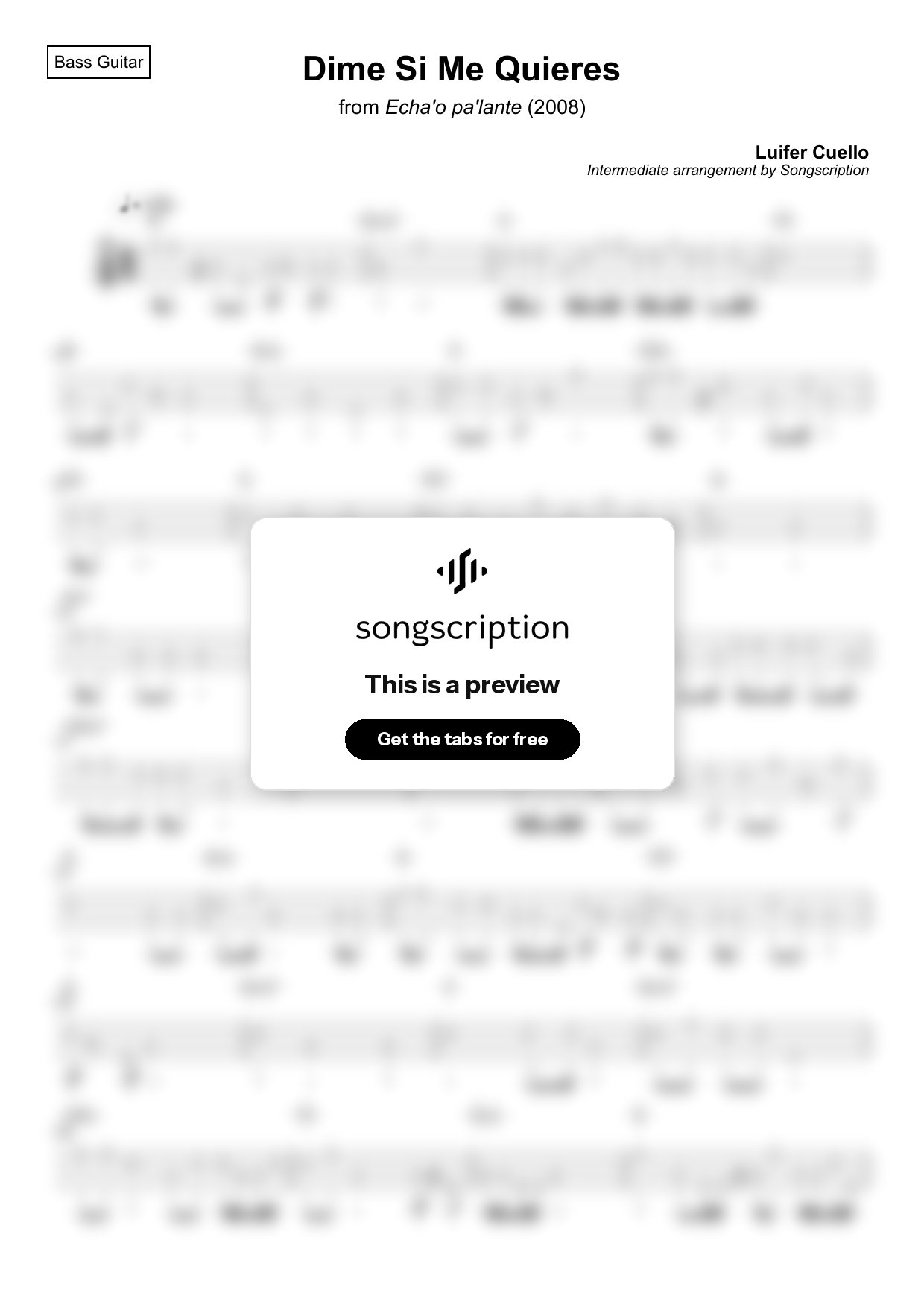 Intermediate Bass Guitar Tabs for "Dime Si Me Quieres" by Luifer Cuello