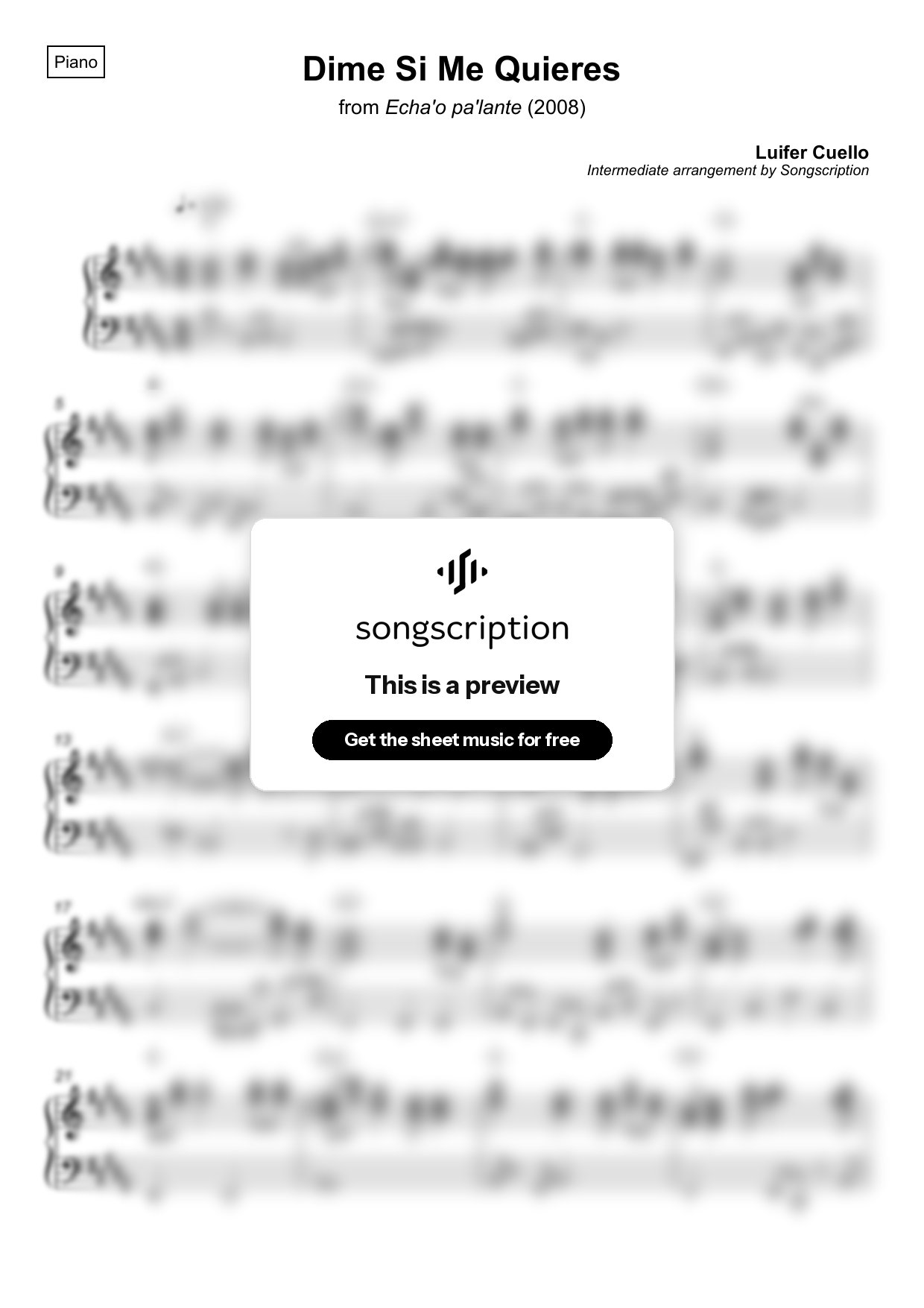 Intermediate Piano Sheet Music for "Dime Si Me Quieres" by Luifer Cuello