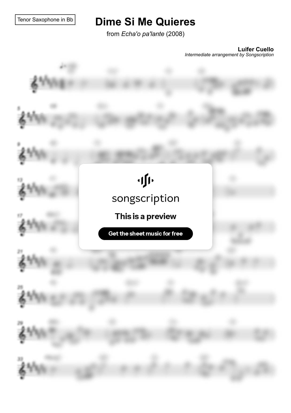 Intermediate Tenor Sax Sheet Music for "Dime Si Me Quieres" by Luifer Cuello