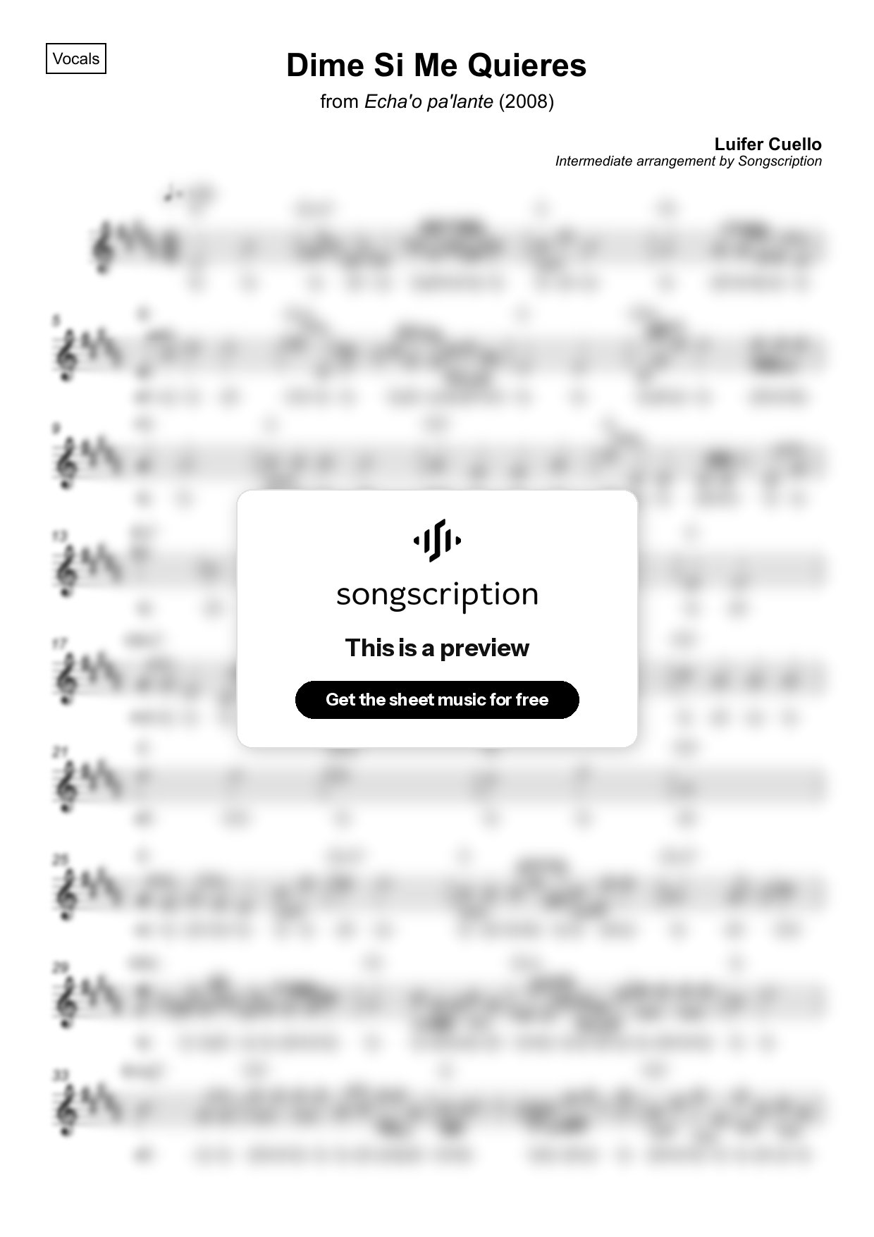 Intermediate Vocals Sheet Music for "Dime Si Me Quieres" by Luifer Cuello
