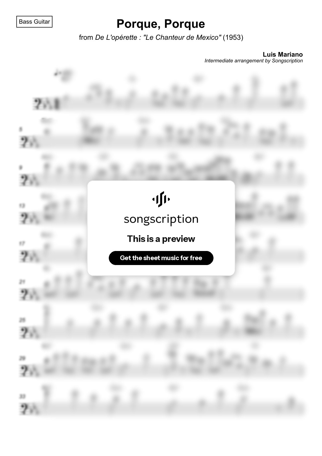 Intermediate Bass Guitar Sheet Music for "Porque, Porque" by Luis Mariano