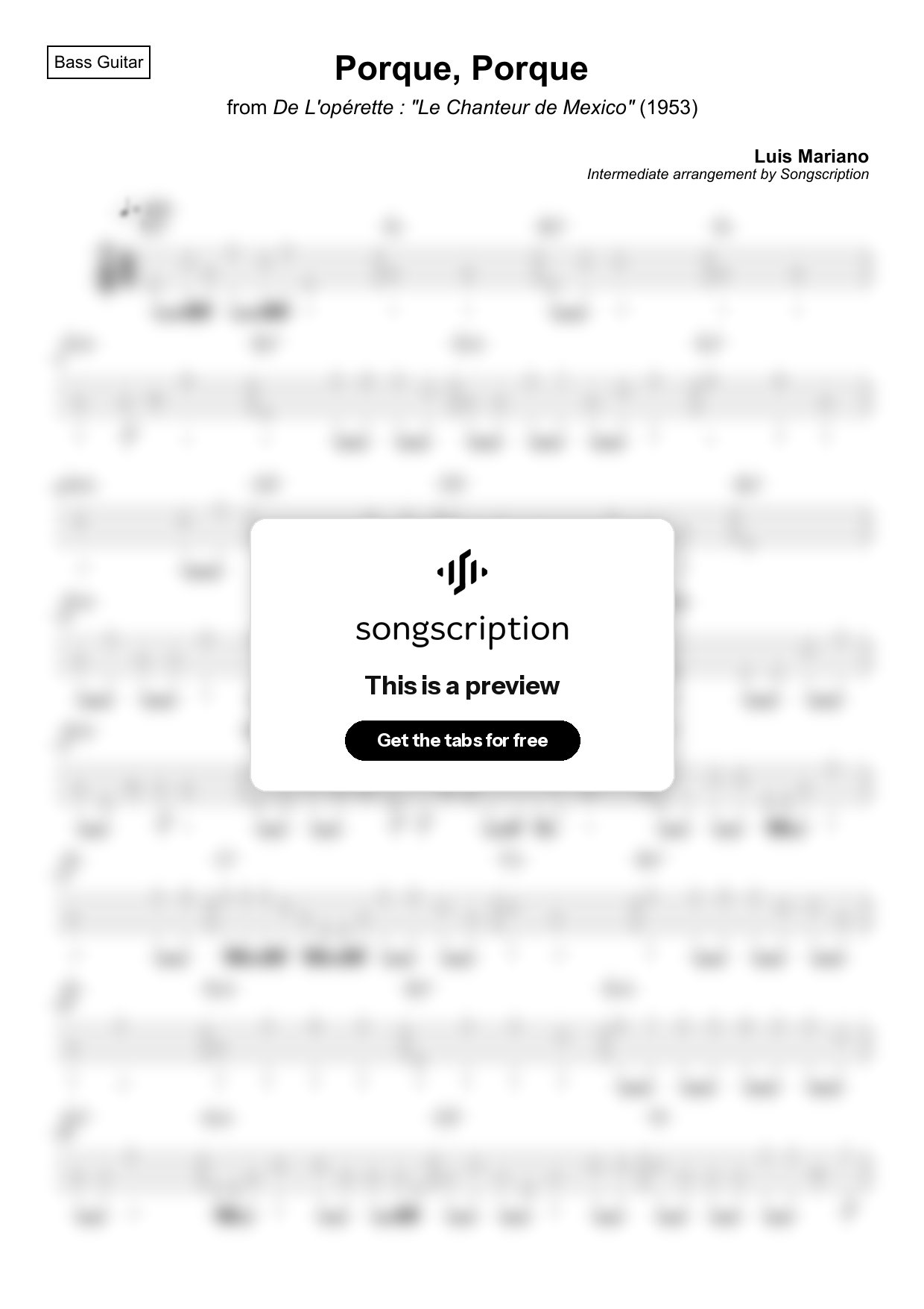 Intermediate Bass Guitar Tabs for "Porque, Porque" by Luis Mariano