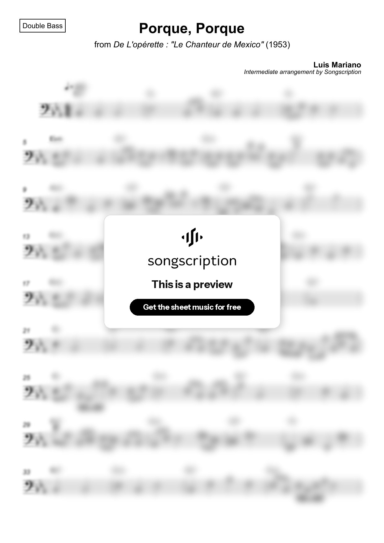 Intermediate Double Bass Sheet Music for "Porque, Porque" by Luis Mariano
