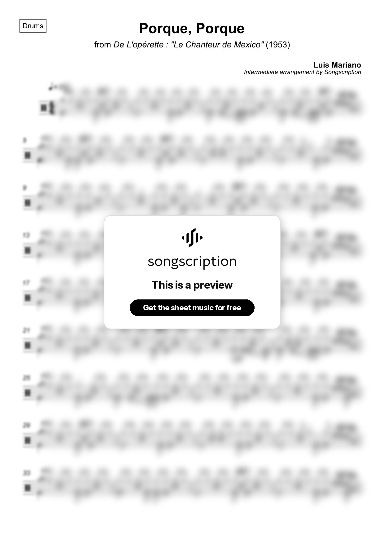 Intermediate Drums Sheet Music for "Porque, Porque" by Luis Mariano