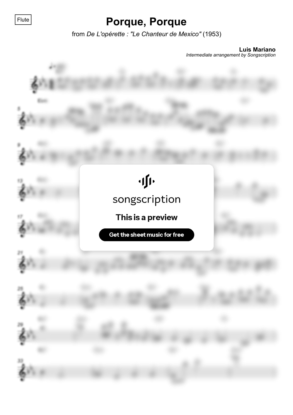 Intermediate Flute Sheet Music for "Porque, Porque" by Luis Mariano