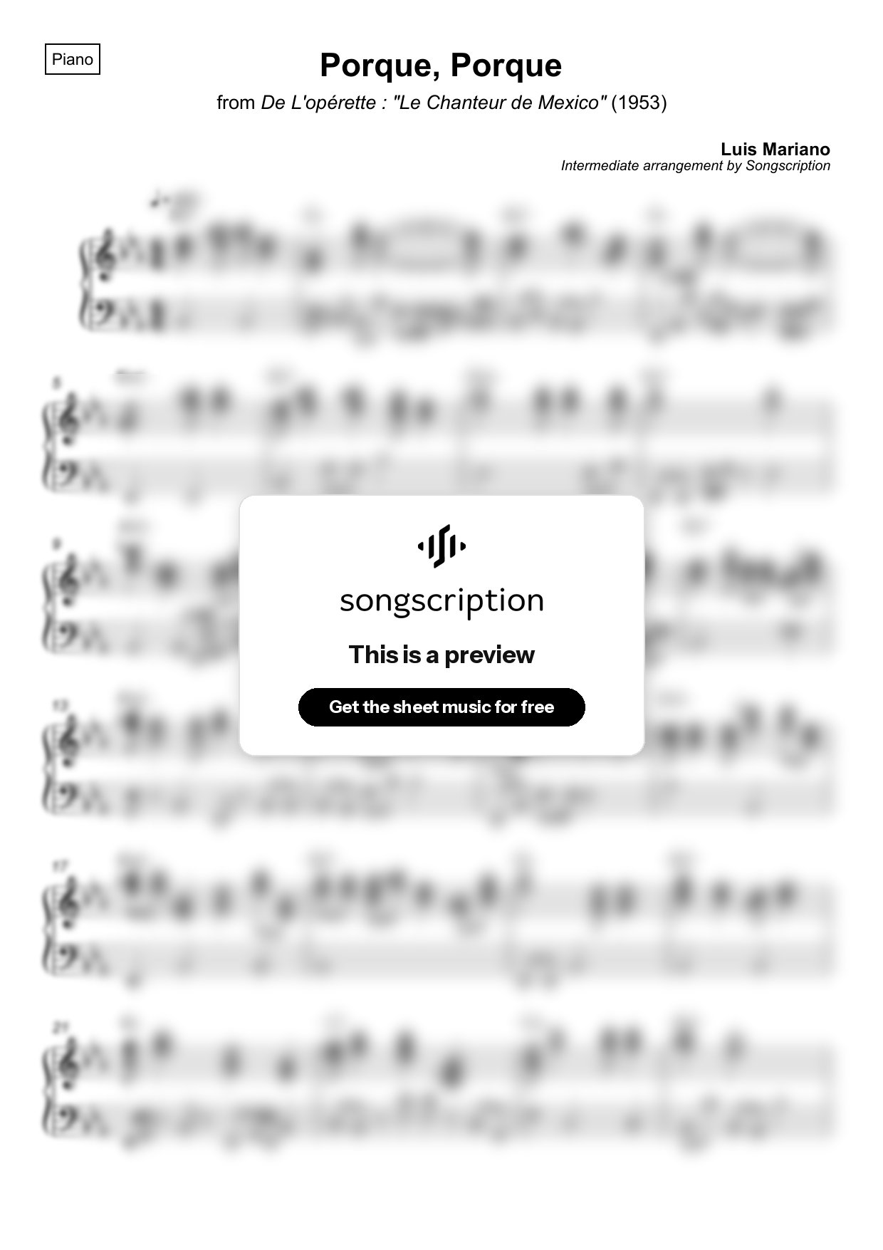 Intermediate Piano Sheet Music for "Porque, Porque" by Luis Mariano