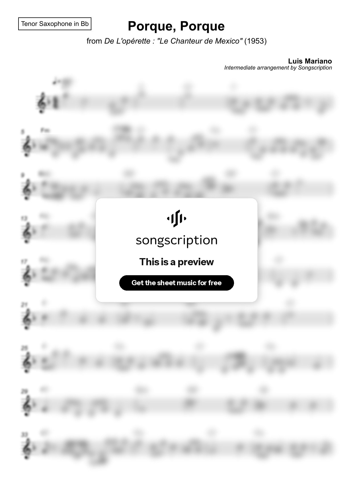 Intermediate Tenor Sax Sheet Music for "Porque, Porque" by Luis Mariano