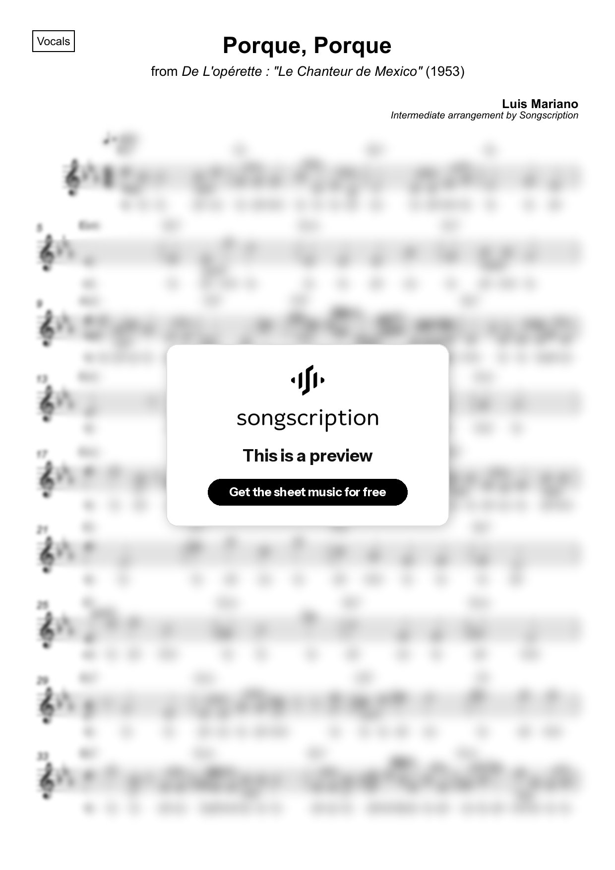 Intermediate Vocals Sheet Music for "Porque, Porque" by Luis Mariano