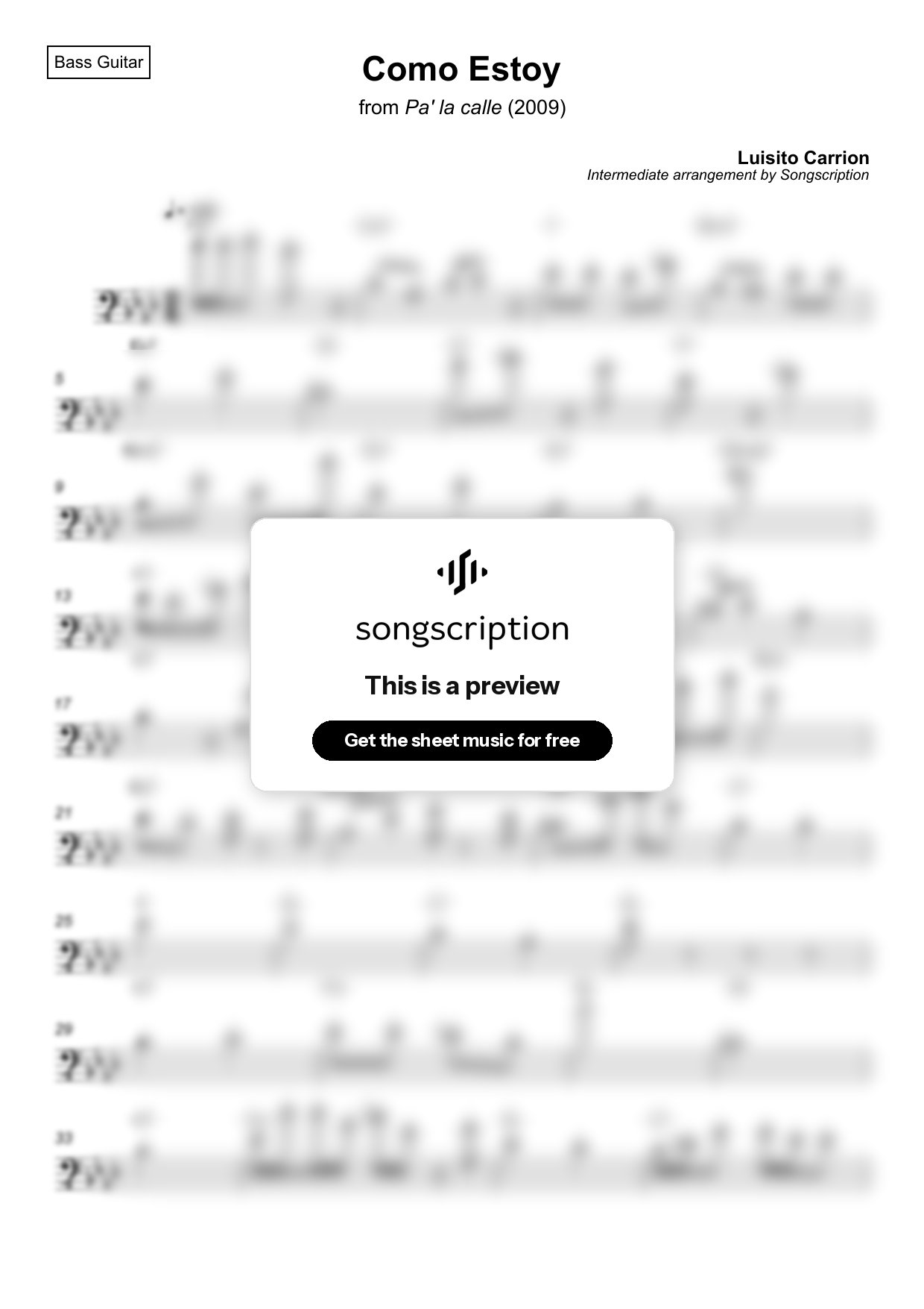 Intermediate Bass Guitar Sheet Music for "Como Estoy" by Luisito Carrion