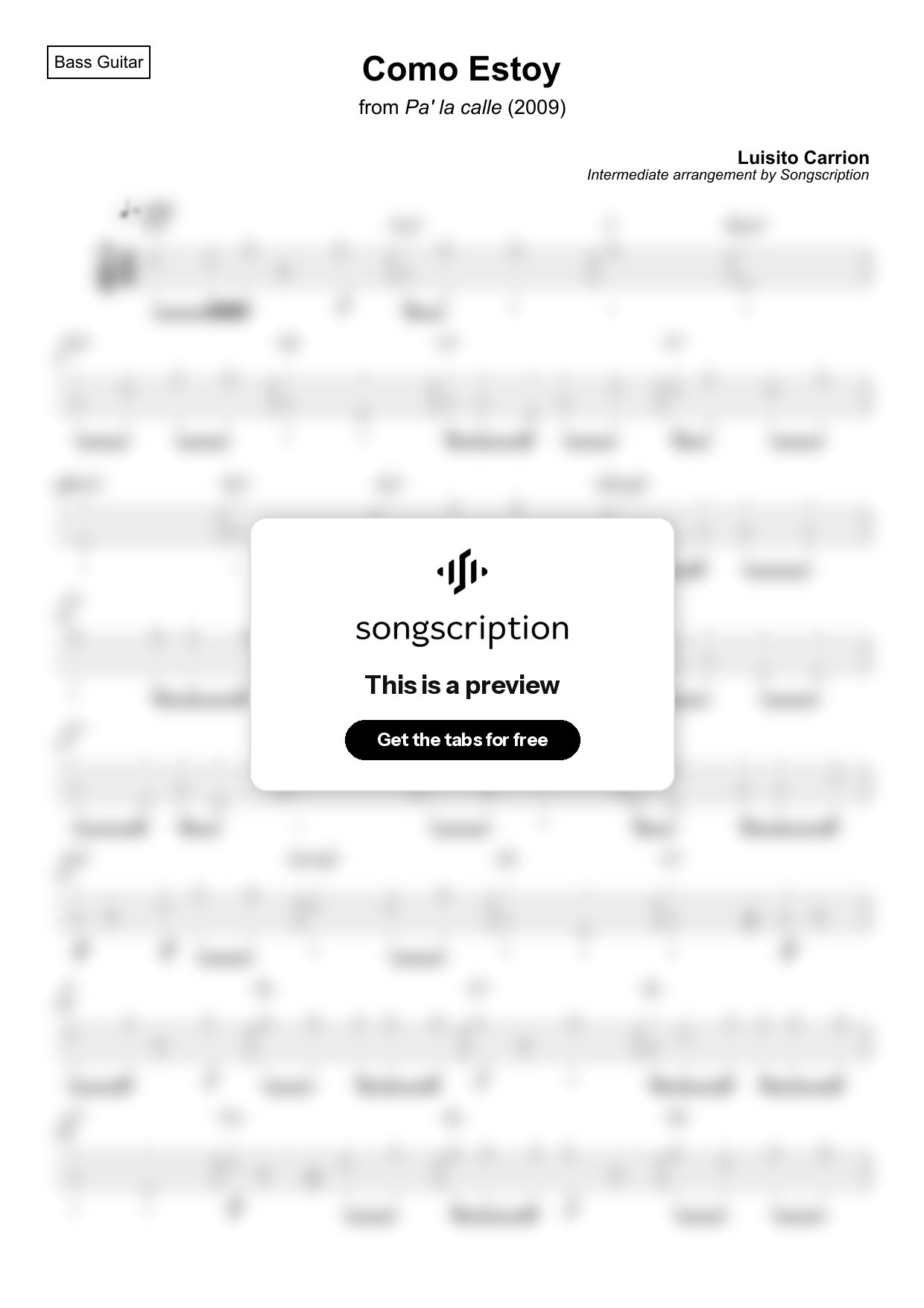 Intermediate Bass Guitar Tabs for "Como Estoy" by Luisito Carrion