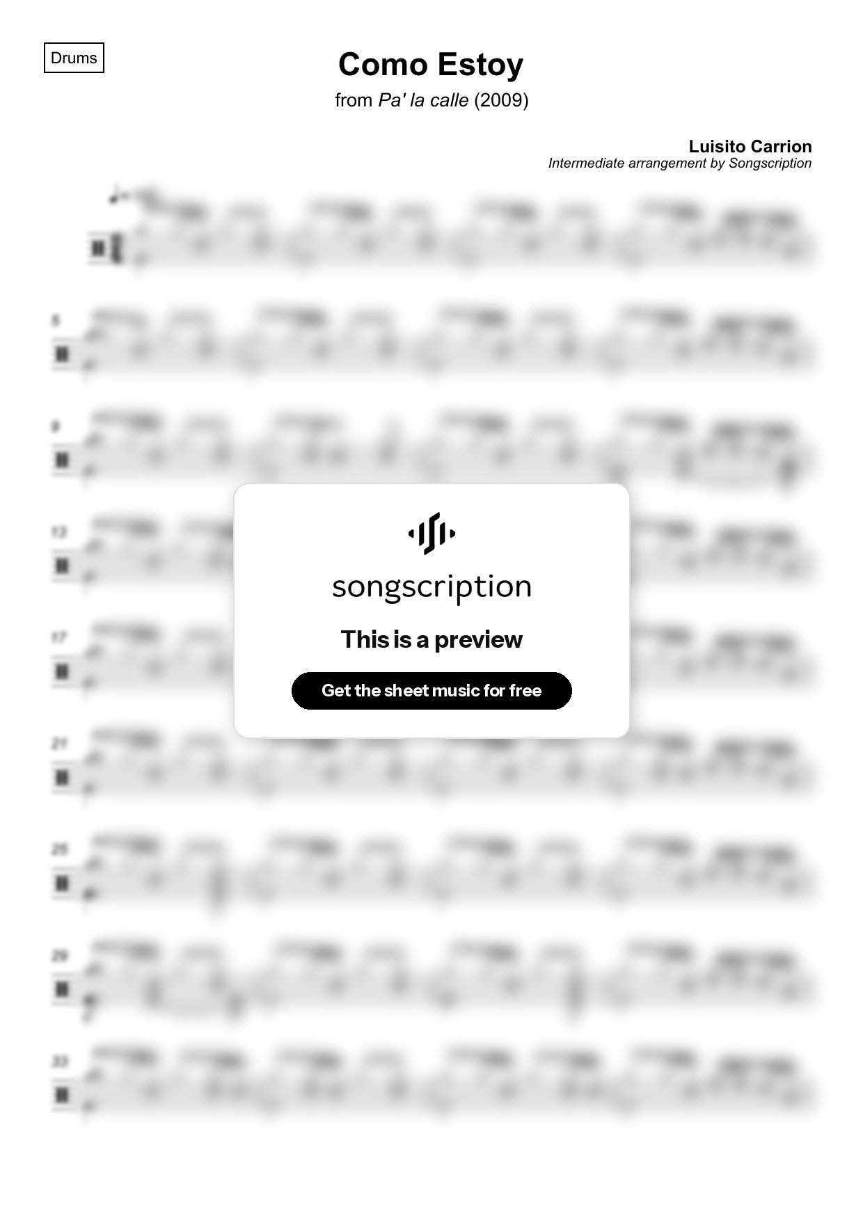 Intermediate Drums Sheet Music for "Como Estoy" by Luisito Carrion