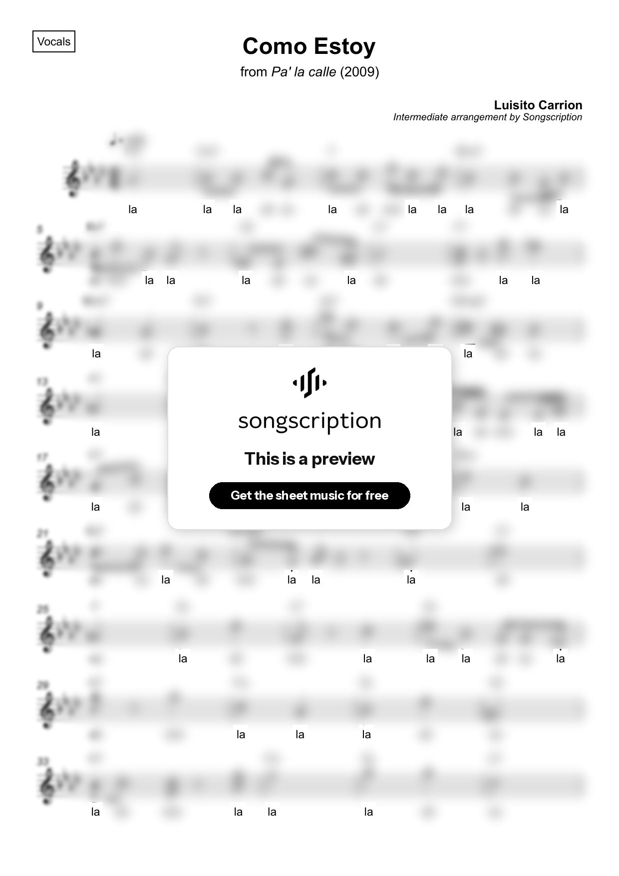 Intermediate Vocals Sheet Music for "Como Estoy" by Luisito Carrion