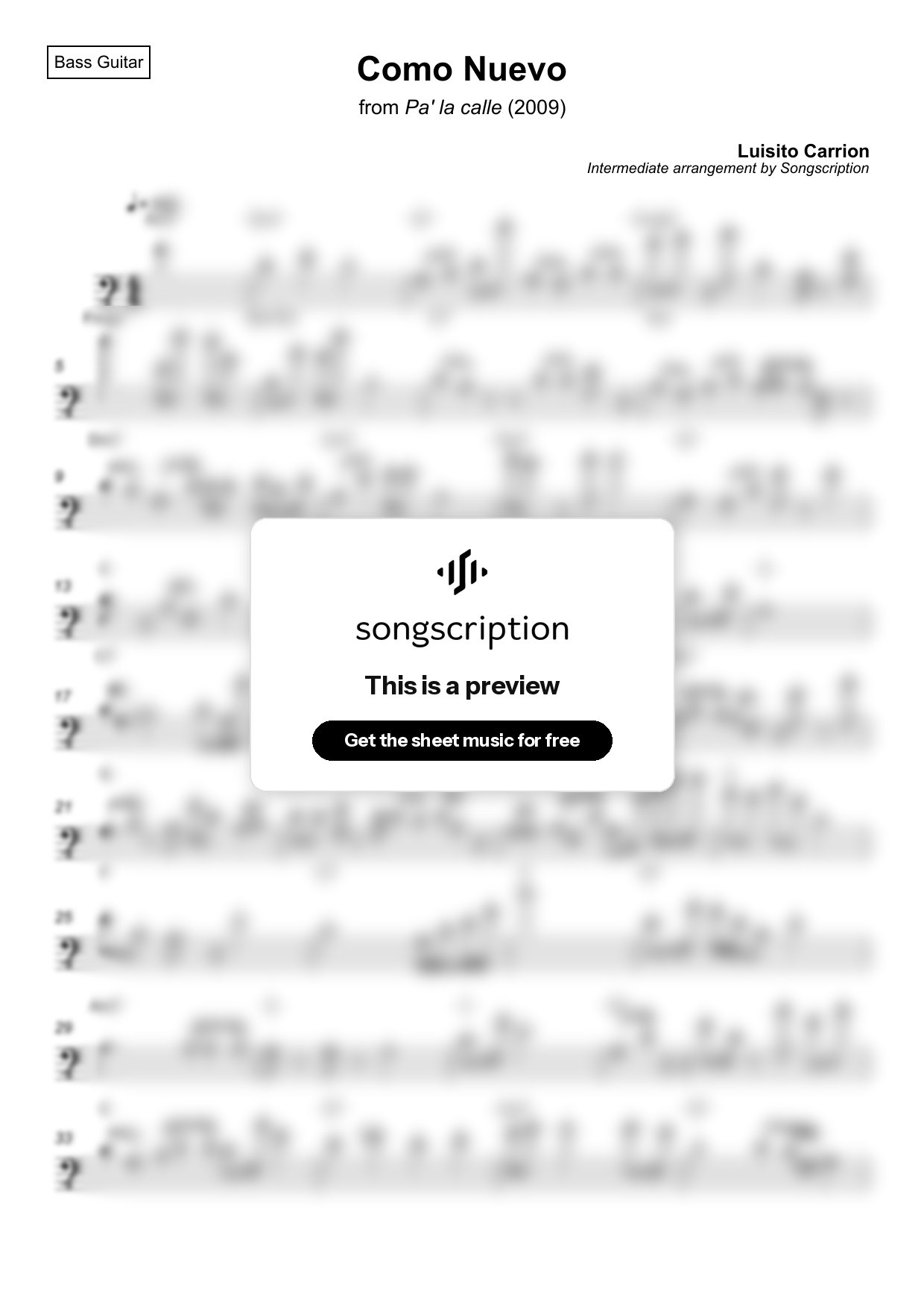 Intermediate Bass Guitar Sheet Music for "Como Nuevo" by Luisito Carrion