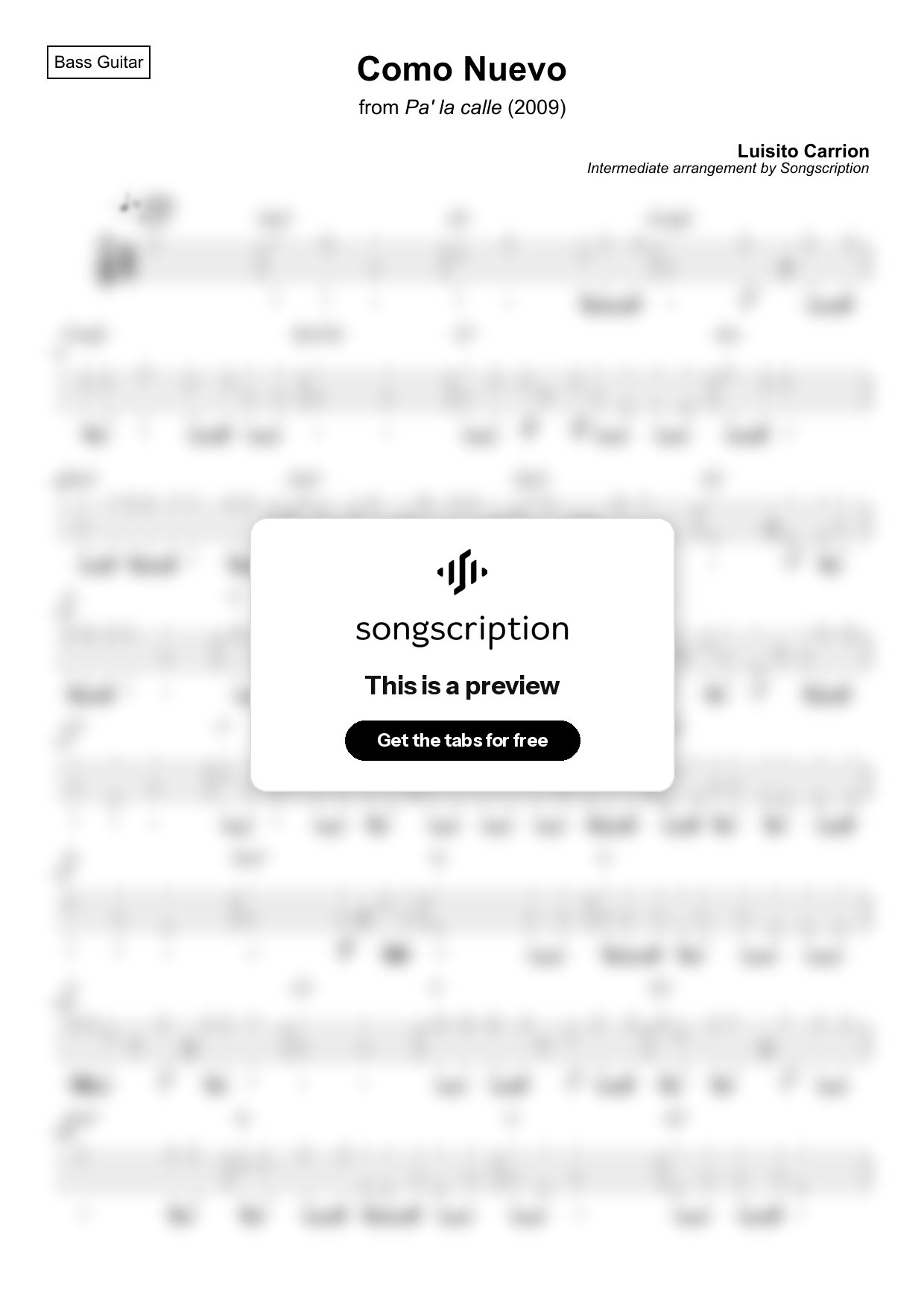 Intermediate Bass Guitar Tabs for "Como Nuevo" by Luisito Carrion