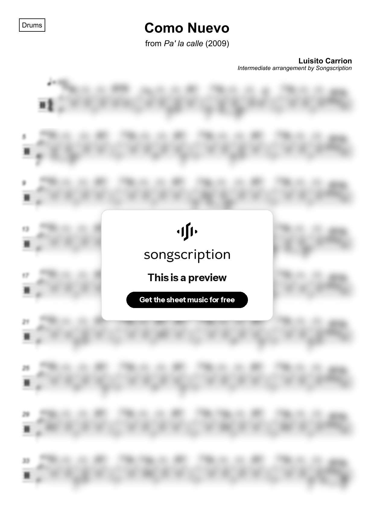 Intermediate Drums Sheet Music for "Como Nuevo" by Luisito Carrion