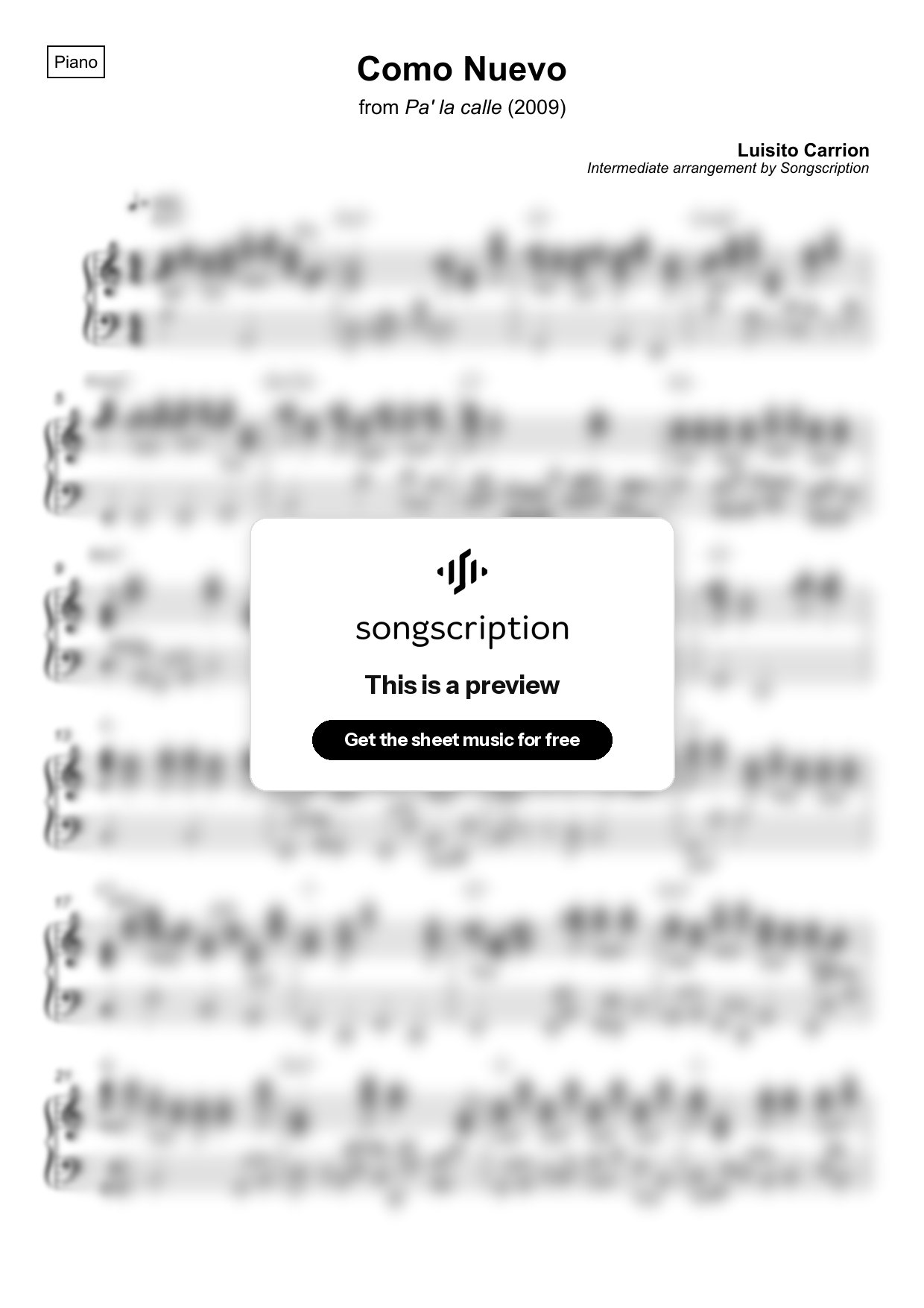 Intermediate Piano Sheet Music for "Como Nuevo" by Luisito Carrion