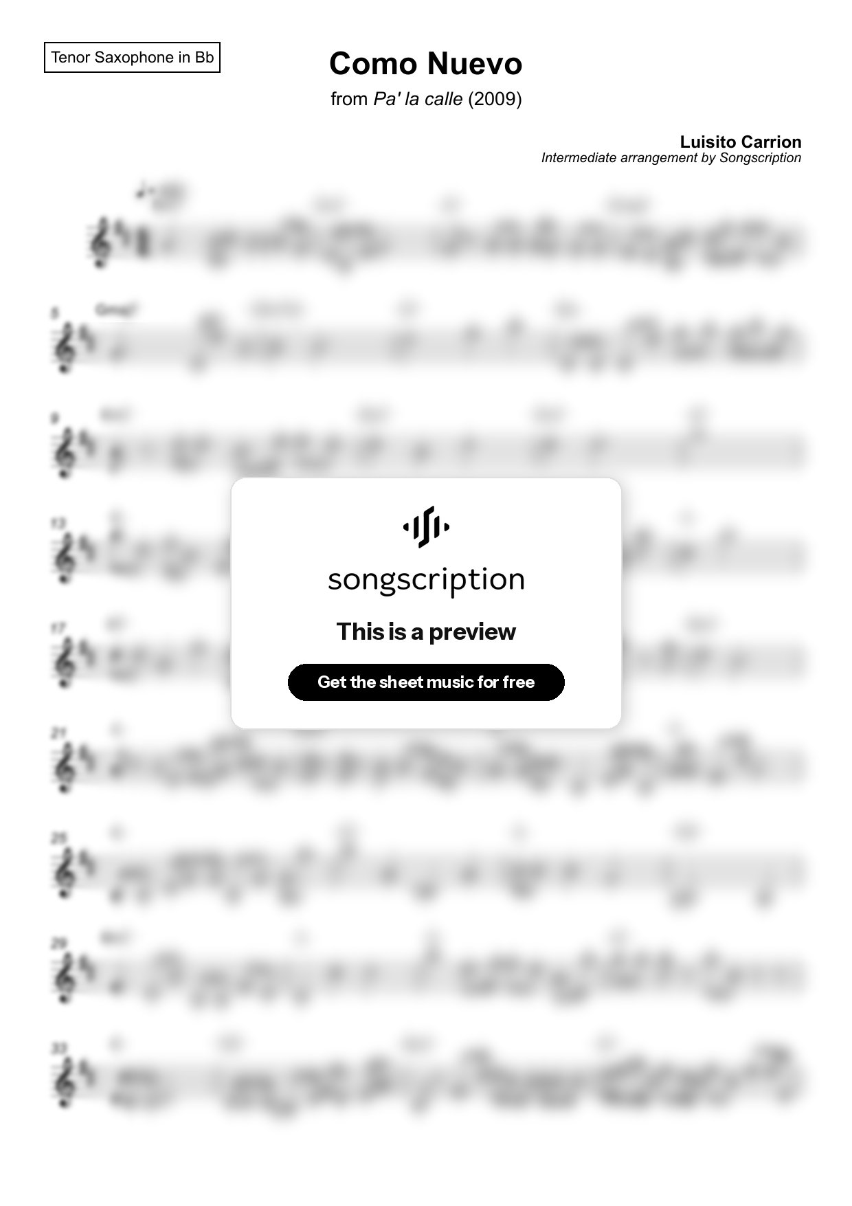 Intermediate Tenor Sax Sheet Music for "Como Nuevo" by Luisito Carrion