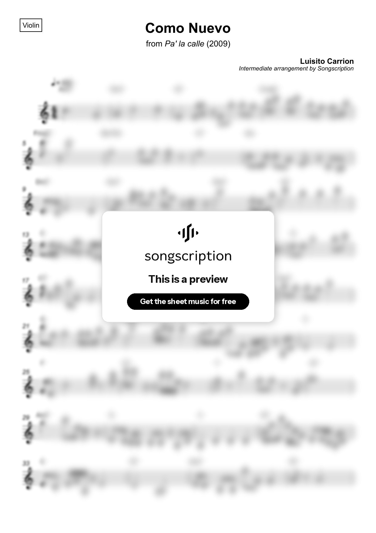 Intermediate Violin Sheet Music for "Como Nuevo" by Luisito Carrion
