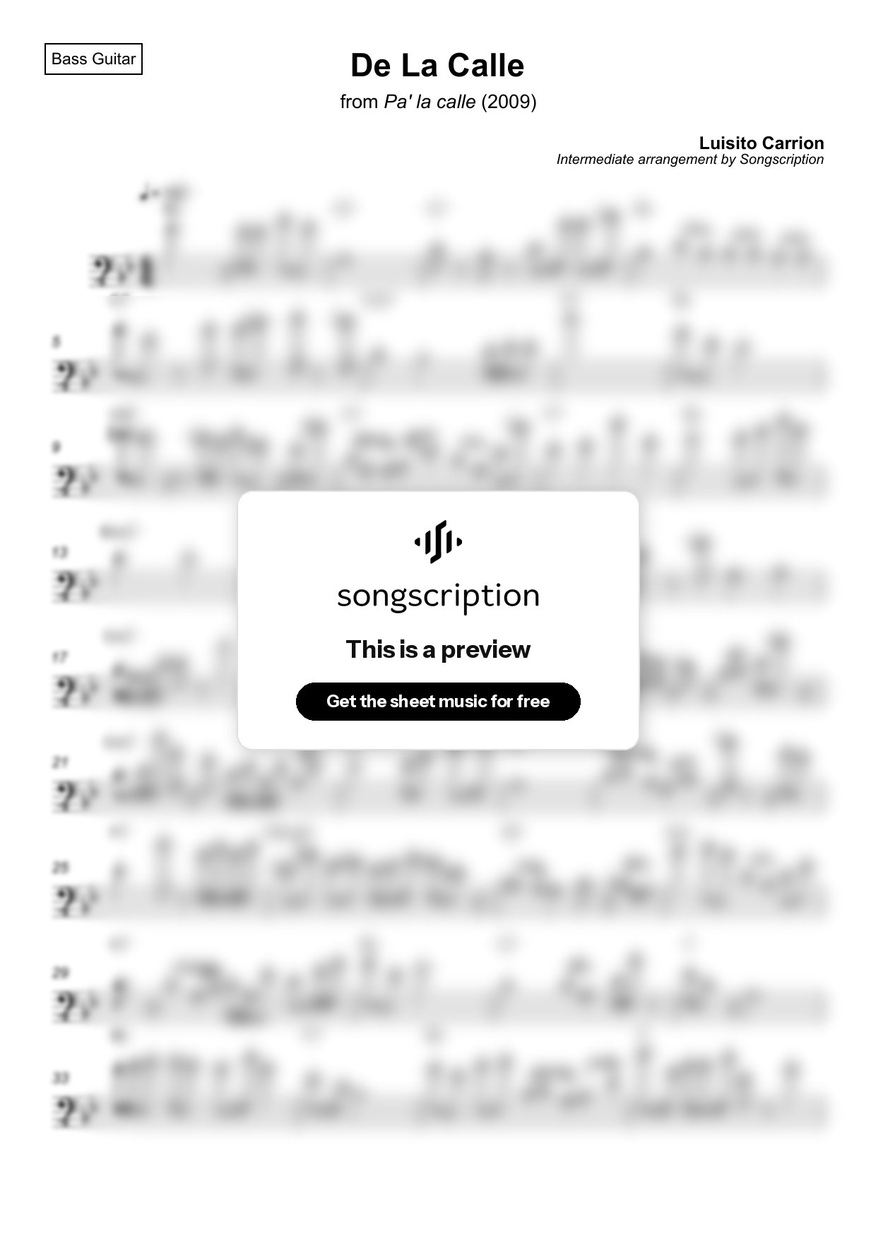 Intermediate Bass Guitar Sheet Music for "De La Calle" by Luisito Carrion