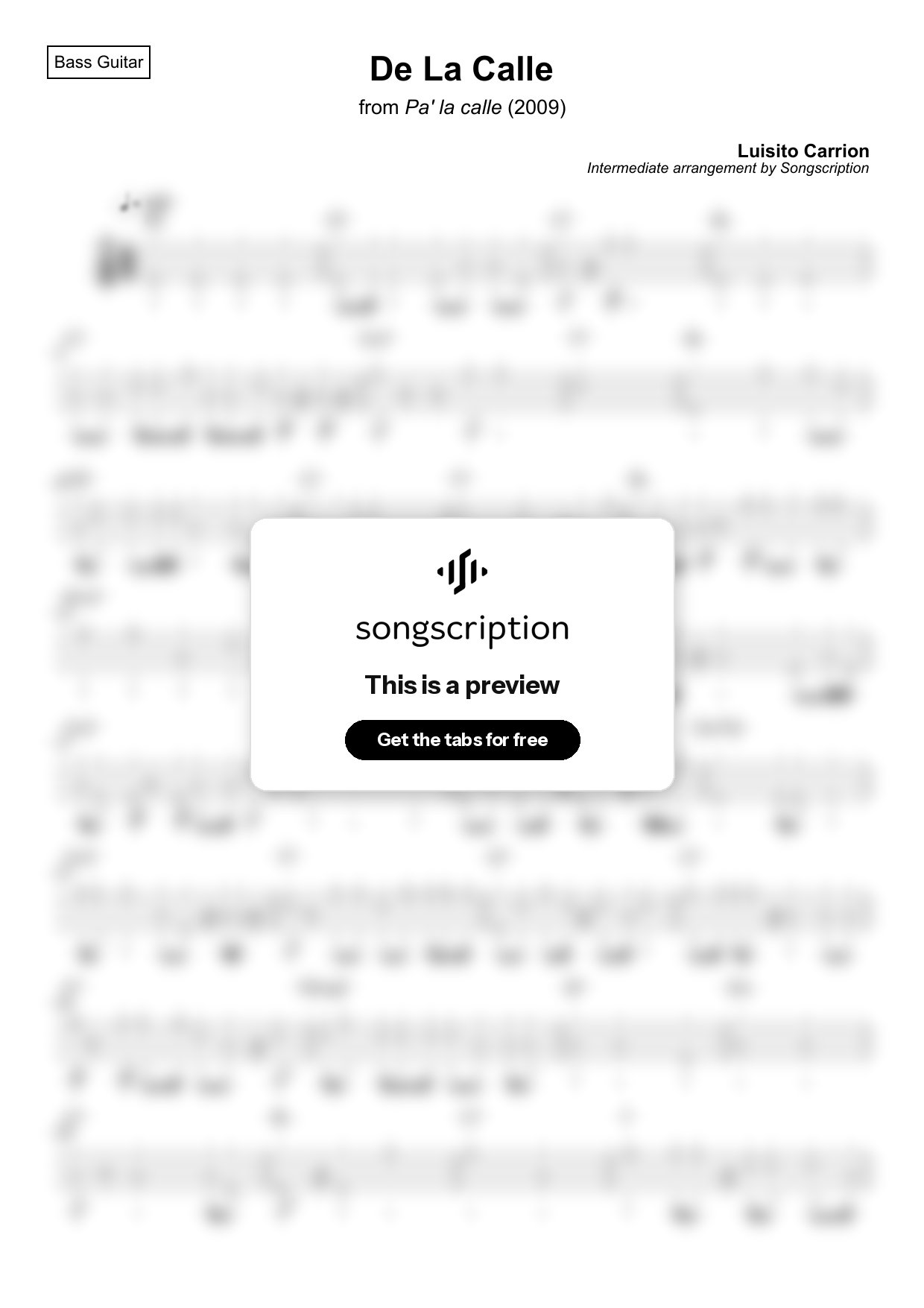 Intermediate Bass Guitar Tabs for "De La Calle" by Luisito Carrion