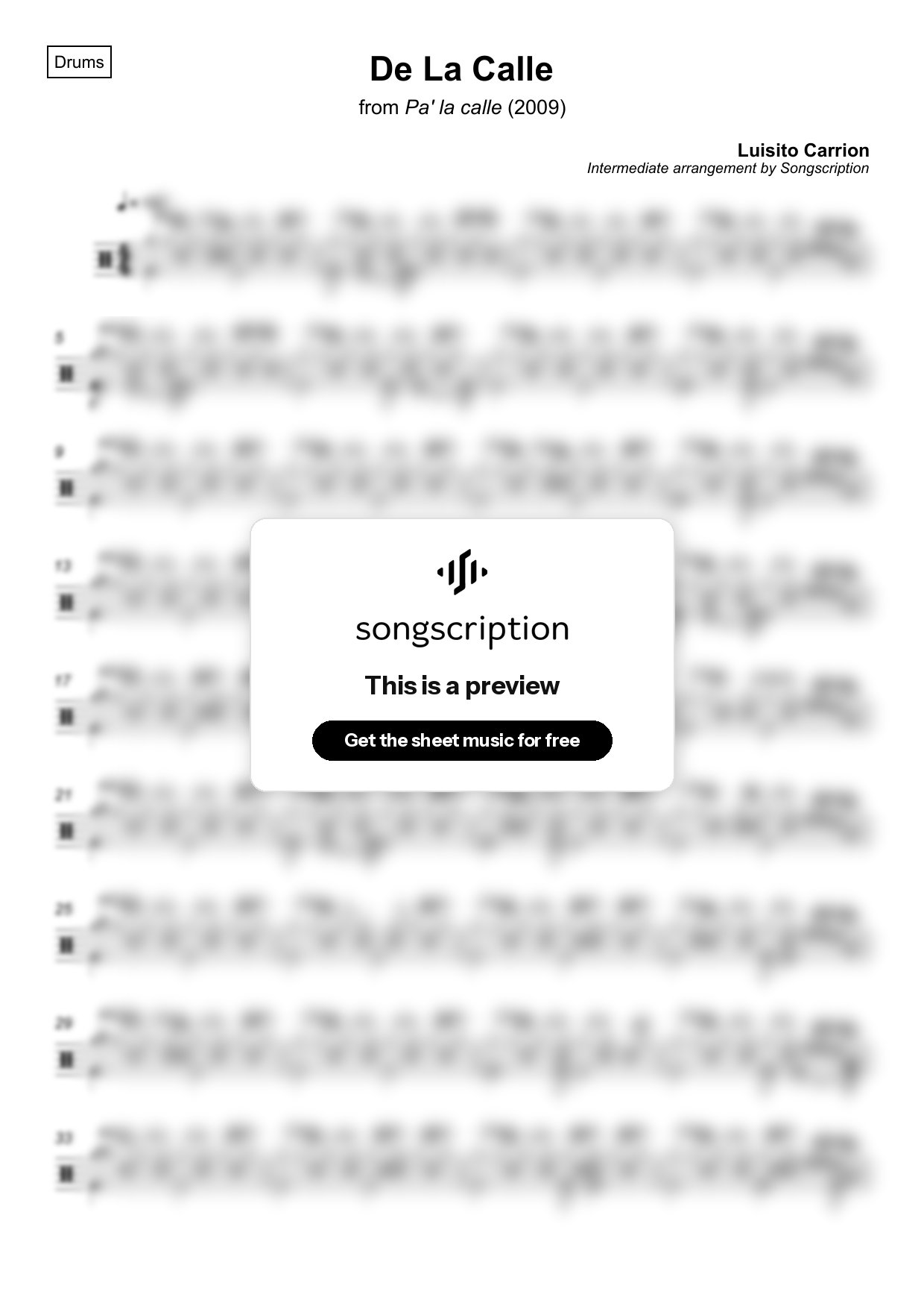 Intermediate Drums Sheet Music for "De La Calle" by Luisito Carrion