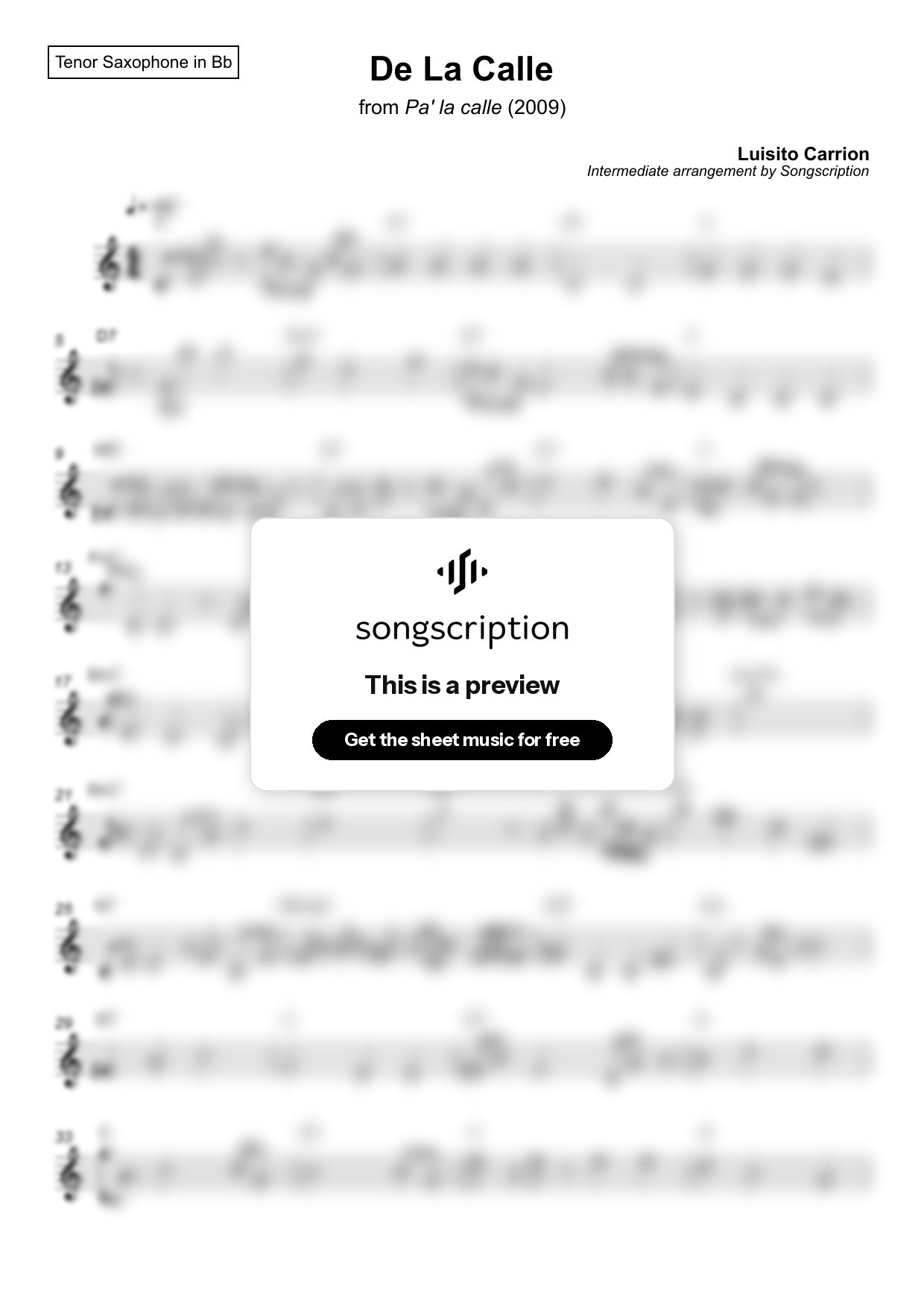 Intermediate Tenor Sax Sheet Music for "De La Calle" by Luisito Carrion
