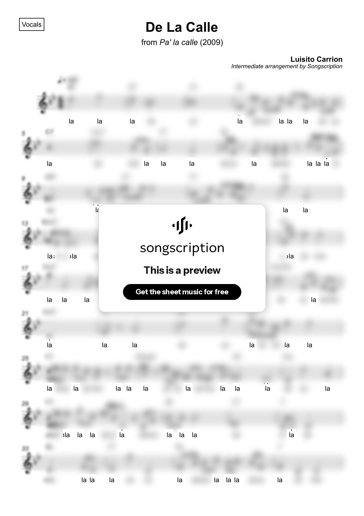 Intermediate Vocals Sheet Music for "De La Calle" by Luisito Carrion