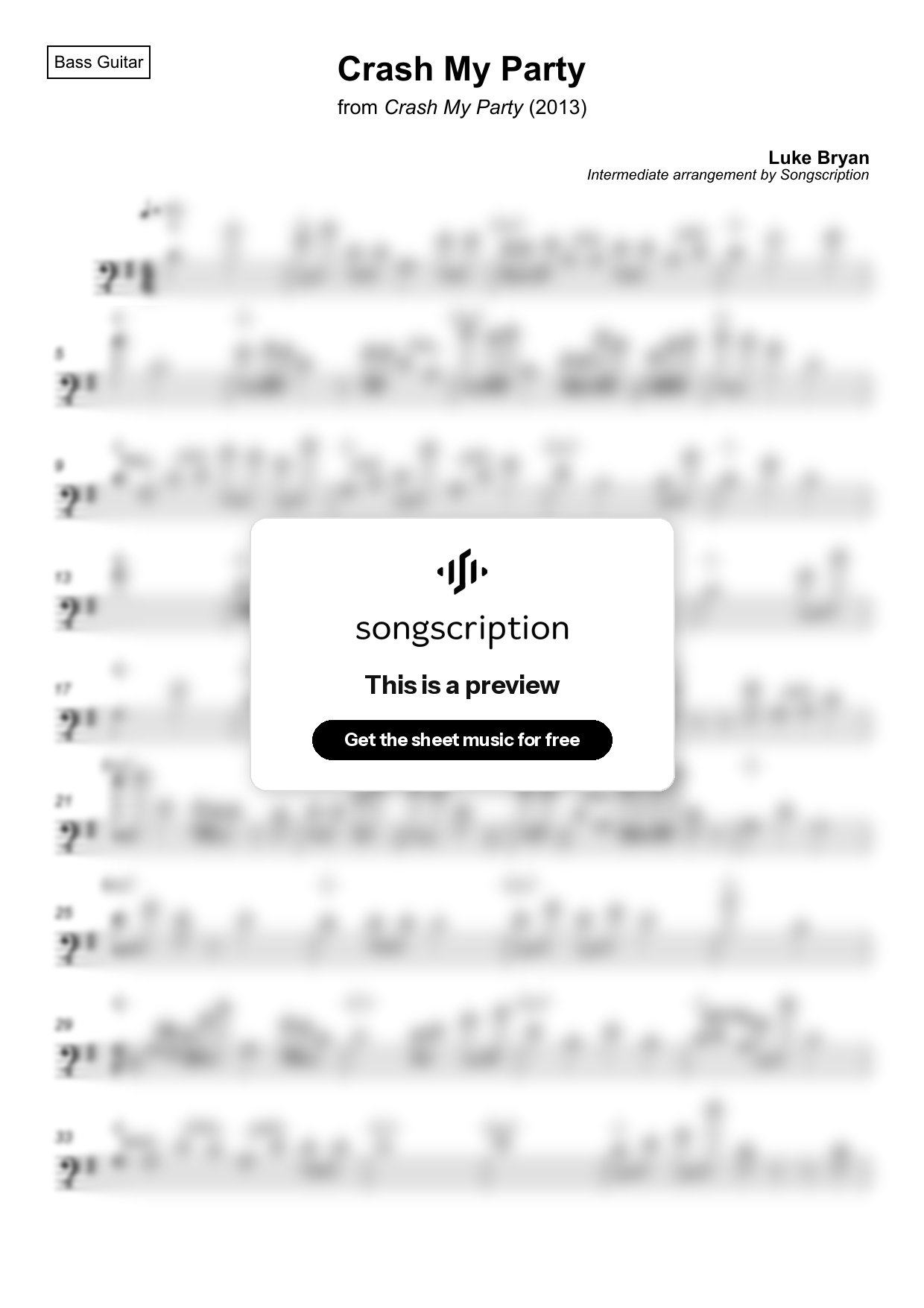 Intermediate Bass Guitar Sheet Music for "Crash My Party" by Luke Bryan