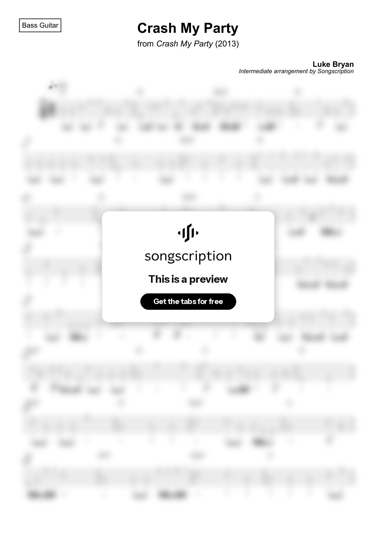 Intermediate Bass Guitar Tabs for "Crash My Party" by Luke Bryan
