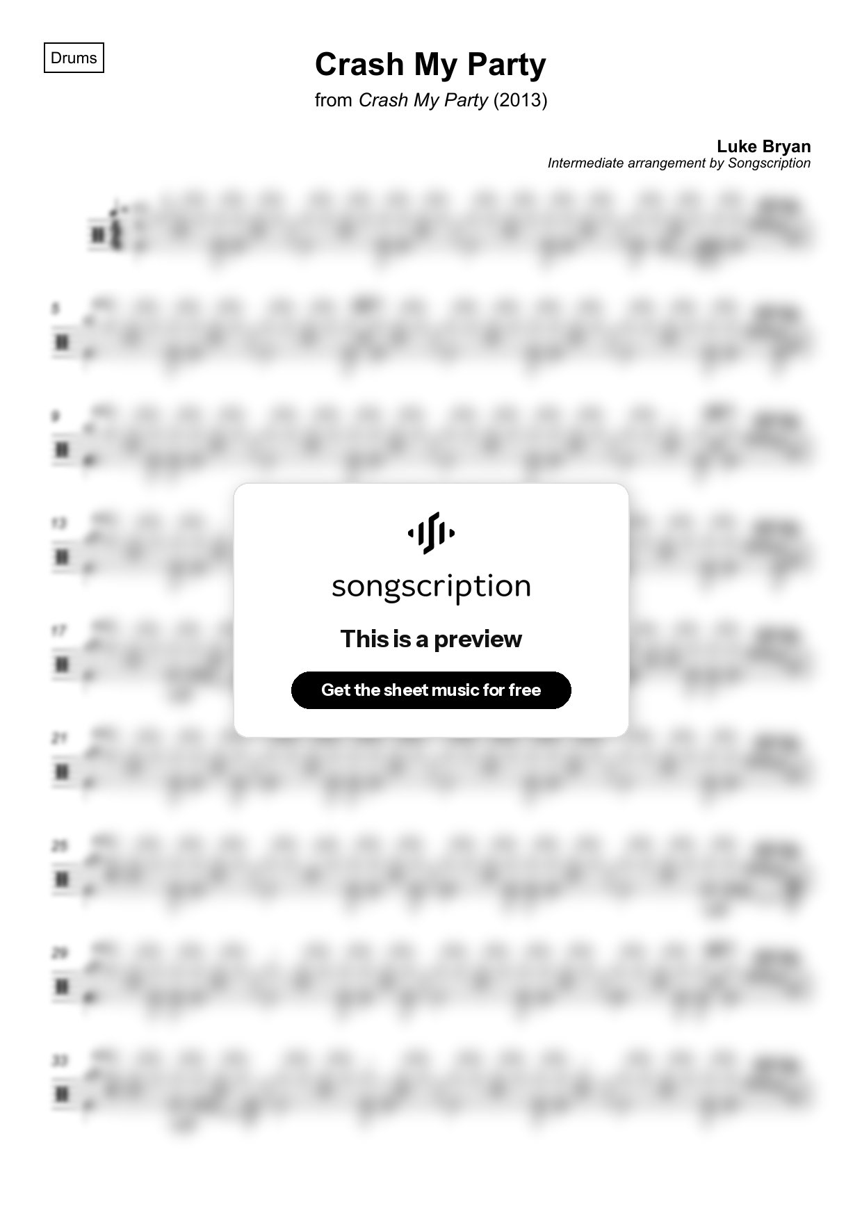 Intermediate Drums Sheet Music for "Crash My Party" by Luke Bryan
