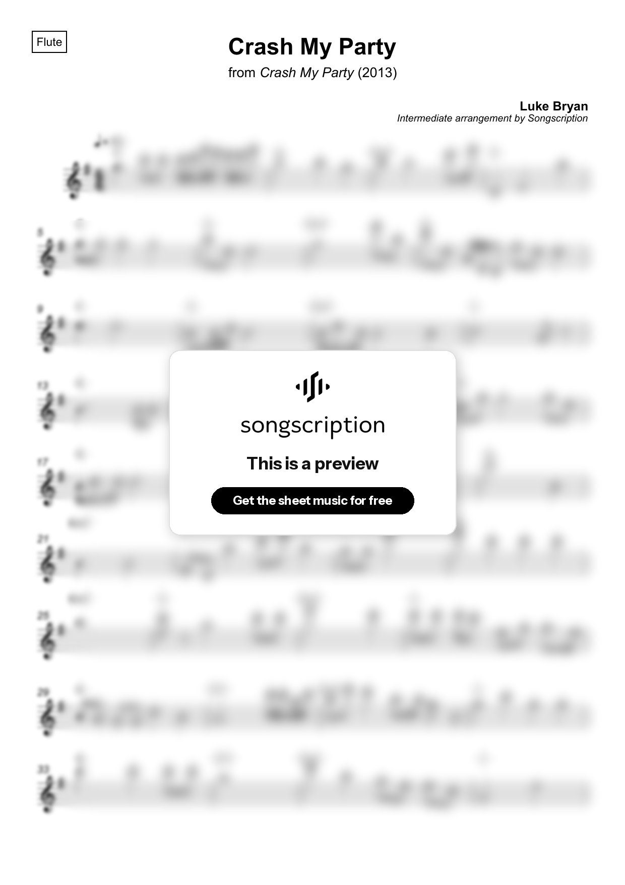 Intermediate Flute Sheet Music for "Crash My Party" by Luke Bryan