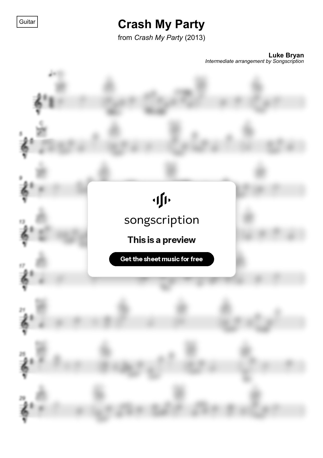 Intermediate Acoustic Guitar Sheet Music for "Crash My Party" by Luke Bryan