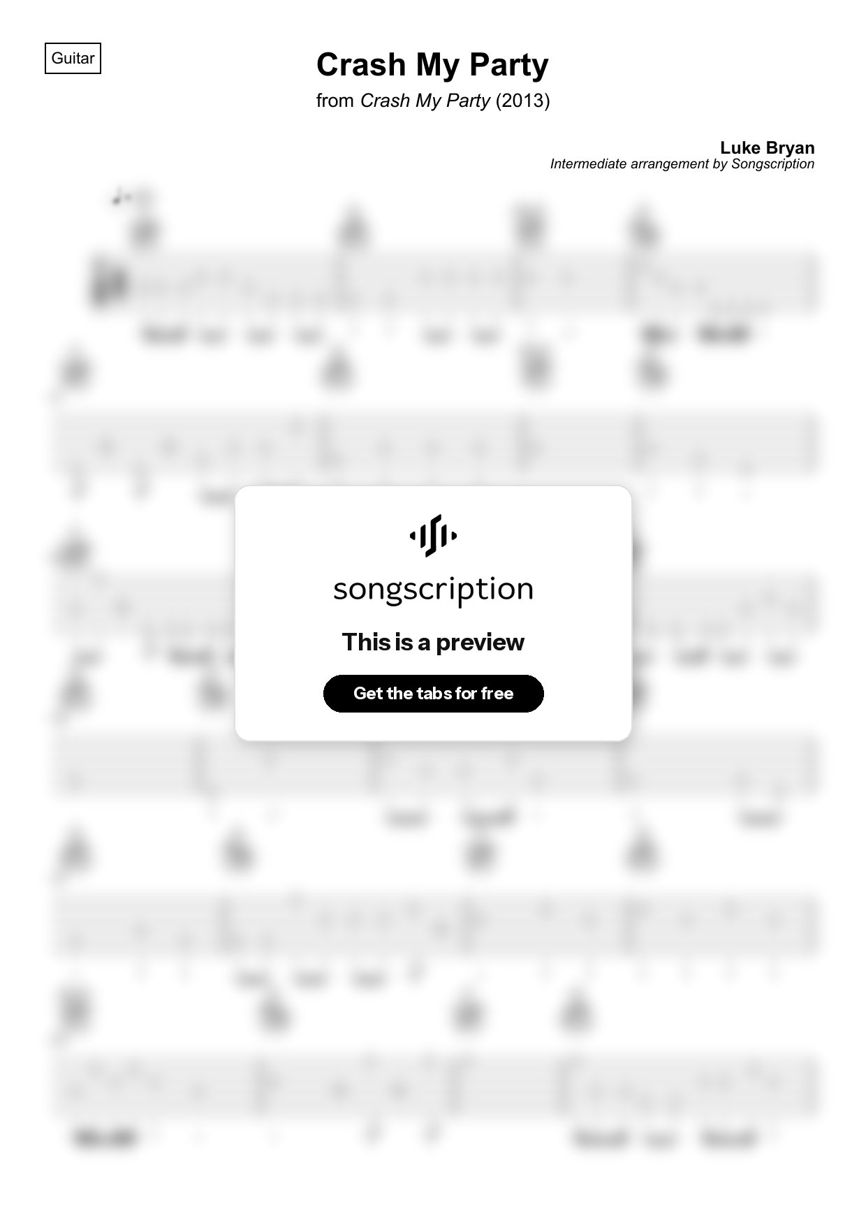 Intermediate Acoustic Guitar Tabs for "Crash My Party" by Luke Bryan