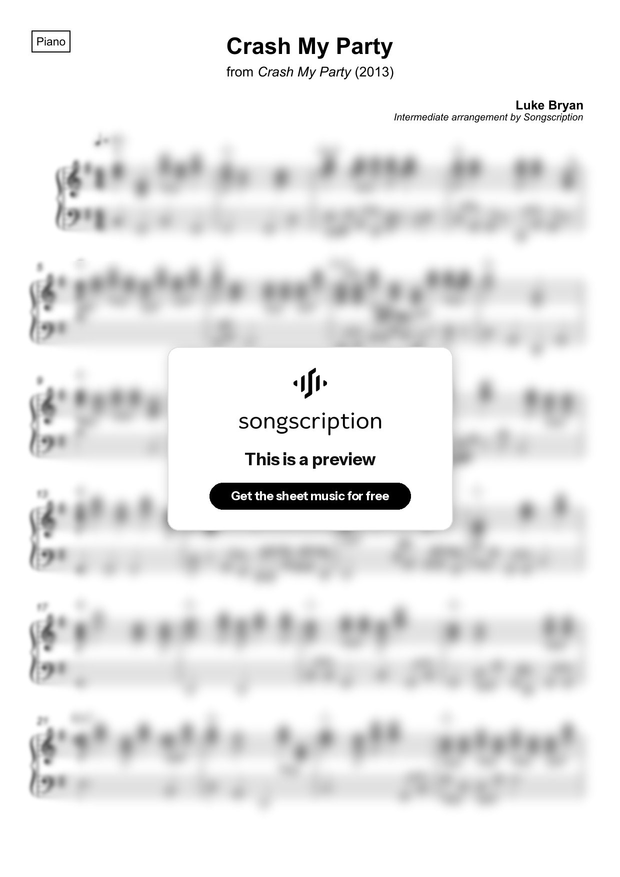 Intermediate Piano Sheet Music for "Crash My Party" by Luke Bryan
