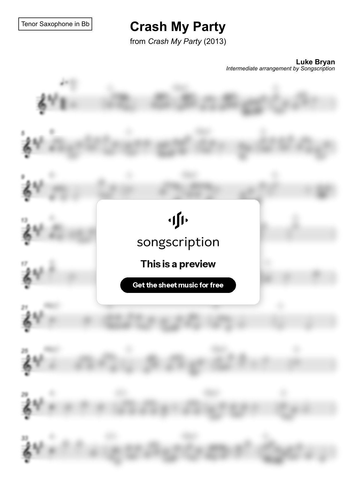 Intermediate Tenor Sax Sheet Music for "Crash My Party" by Luke Bryan