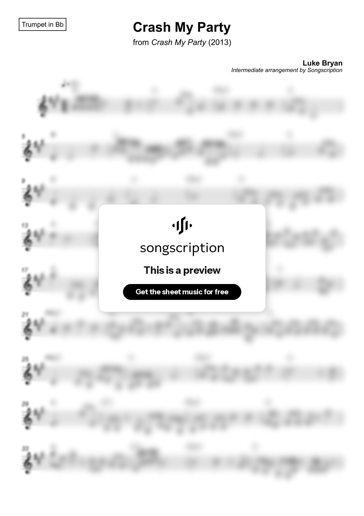 Intermediate Trumpet Sheet Music for "Crash My Party" by Luke Bryan