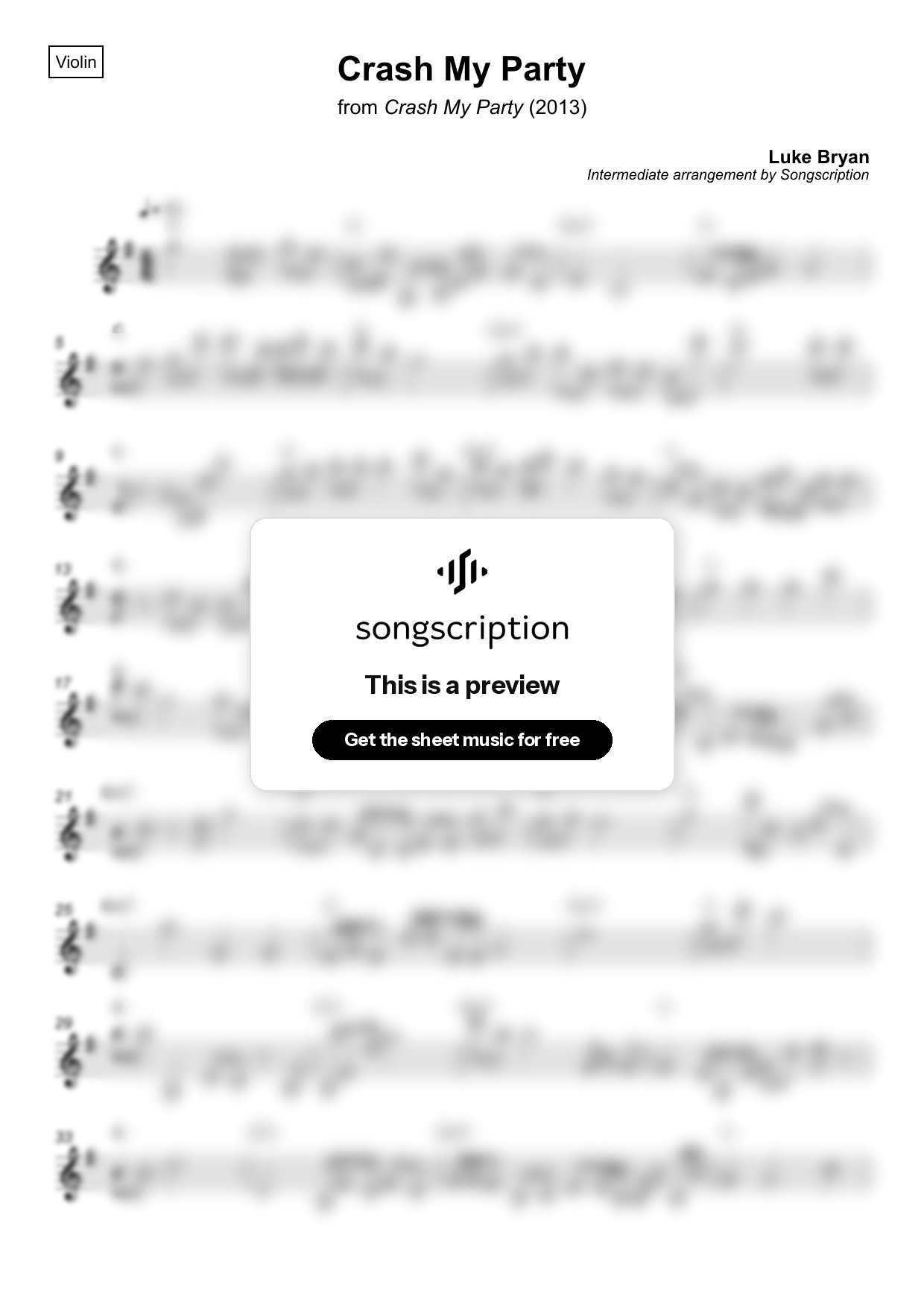 Intermediate Violin Sheet Music for "Crash My Party" by Luke Bryan