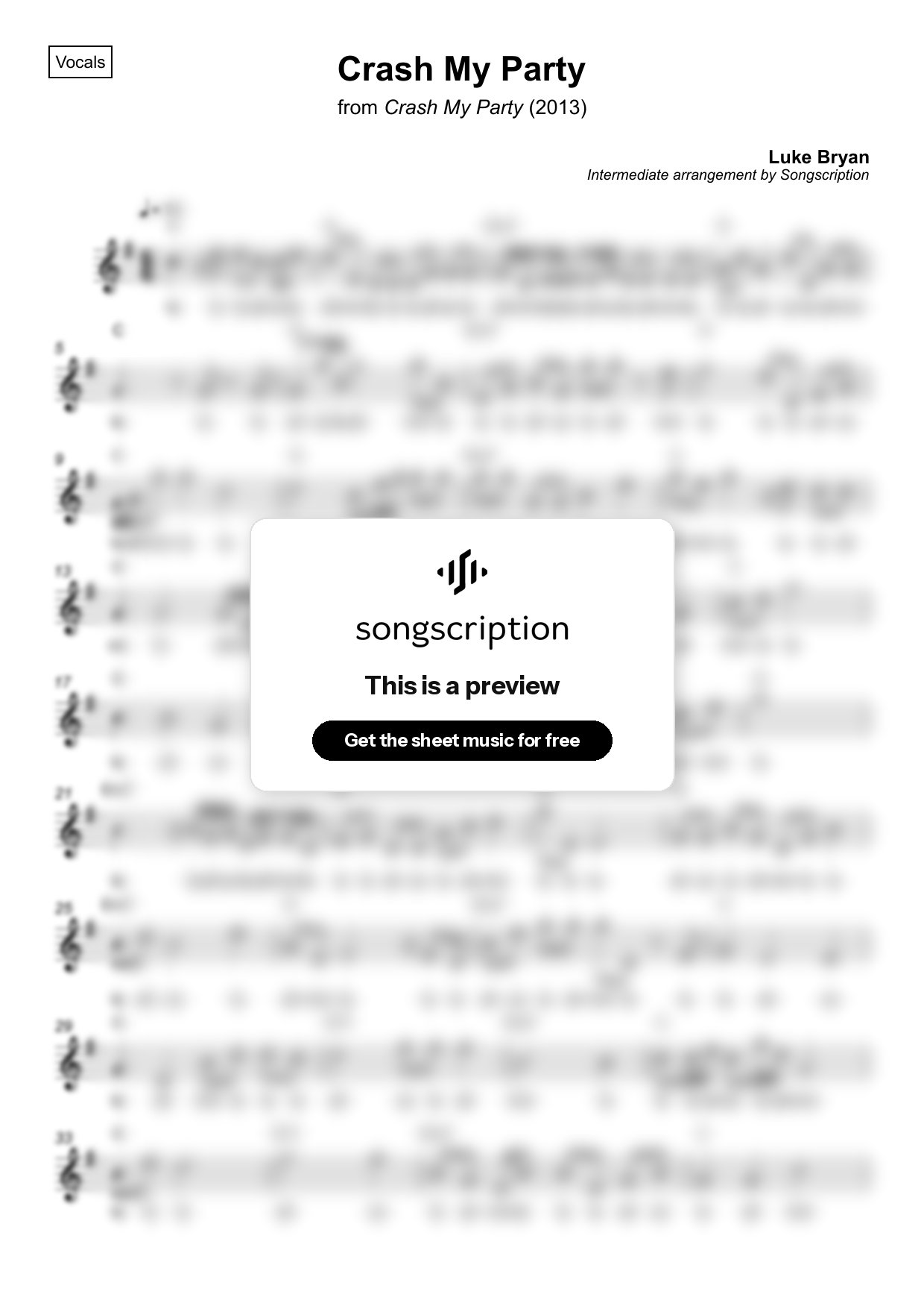 Intermediate Vocals Sheet Music for "Crash My Party" by Luke Bryan