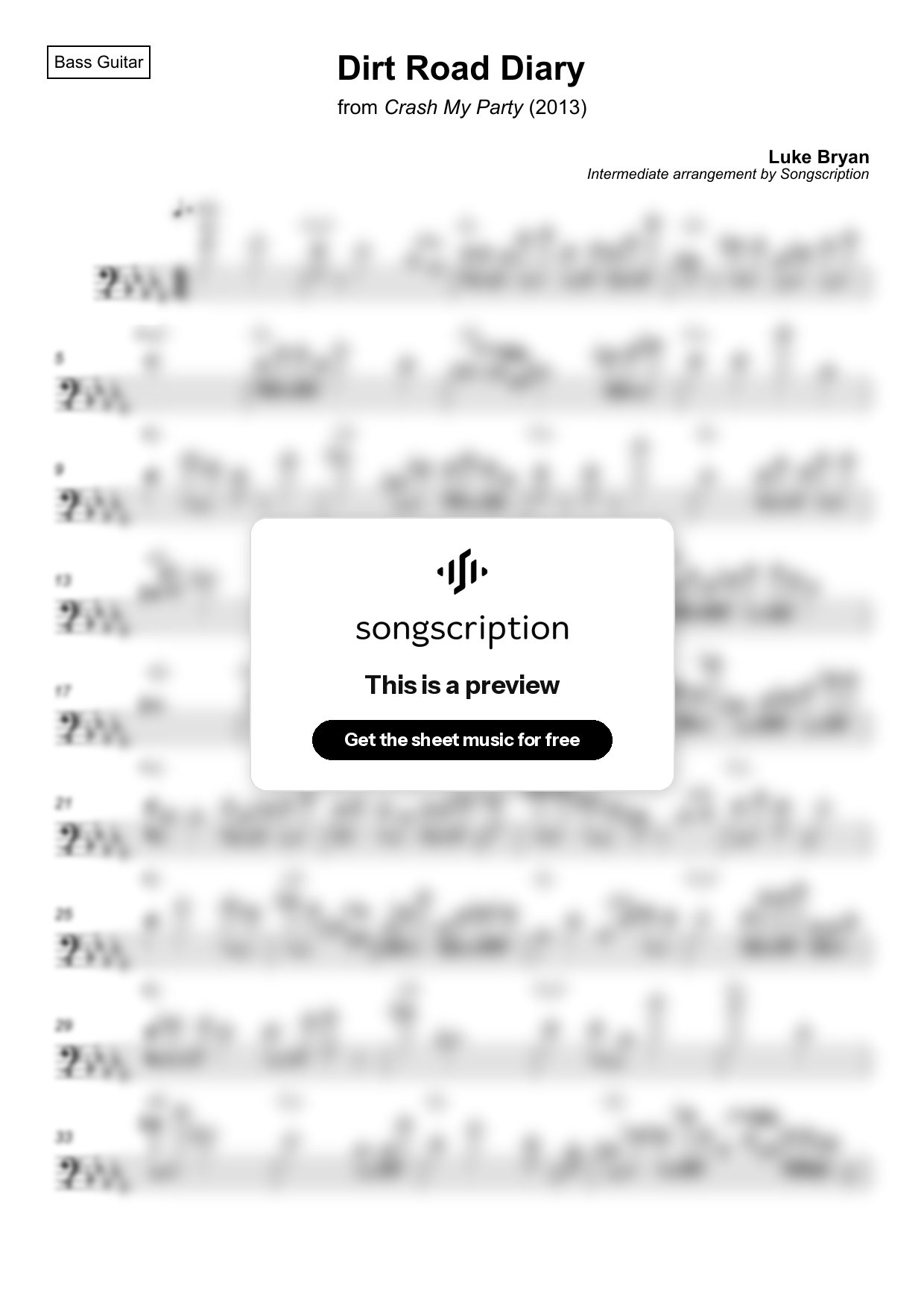 Intermediate Bass Guitar Sheet Music for "Dirt Road Diary" by Luke Bryan