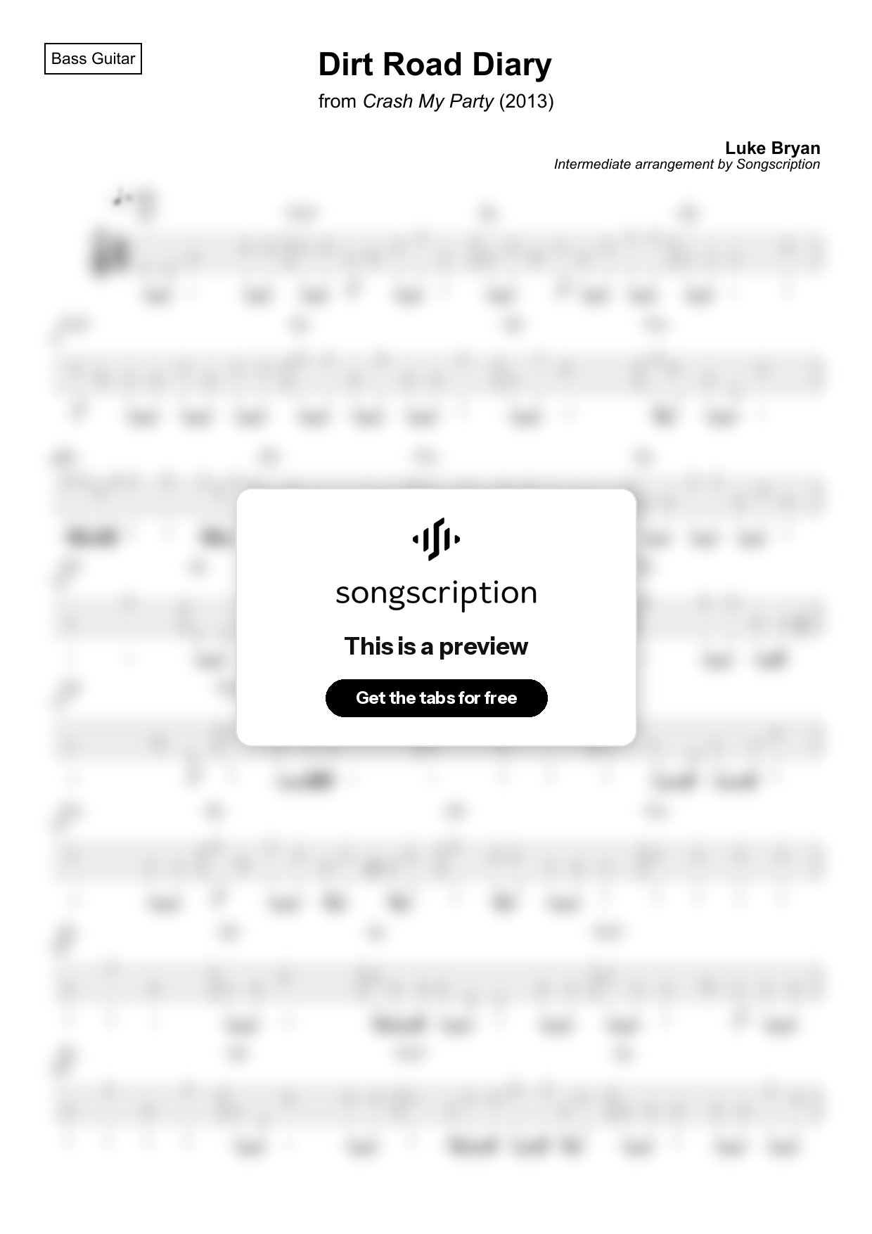 Intermediate Bass Guitar Tabs for "Dirt Road Diary" by Luke Bryan